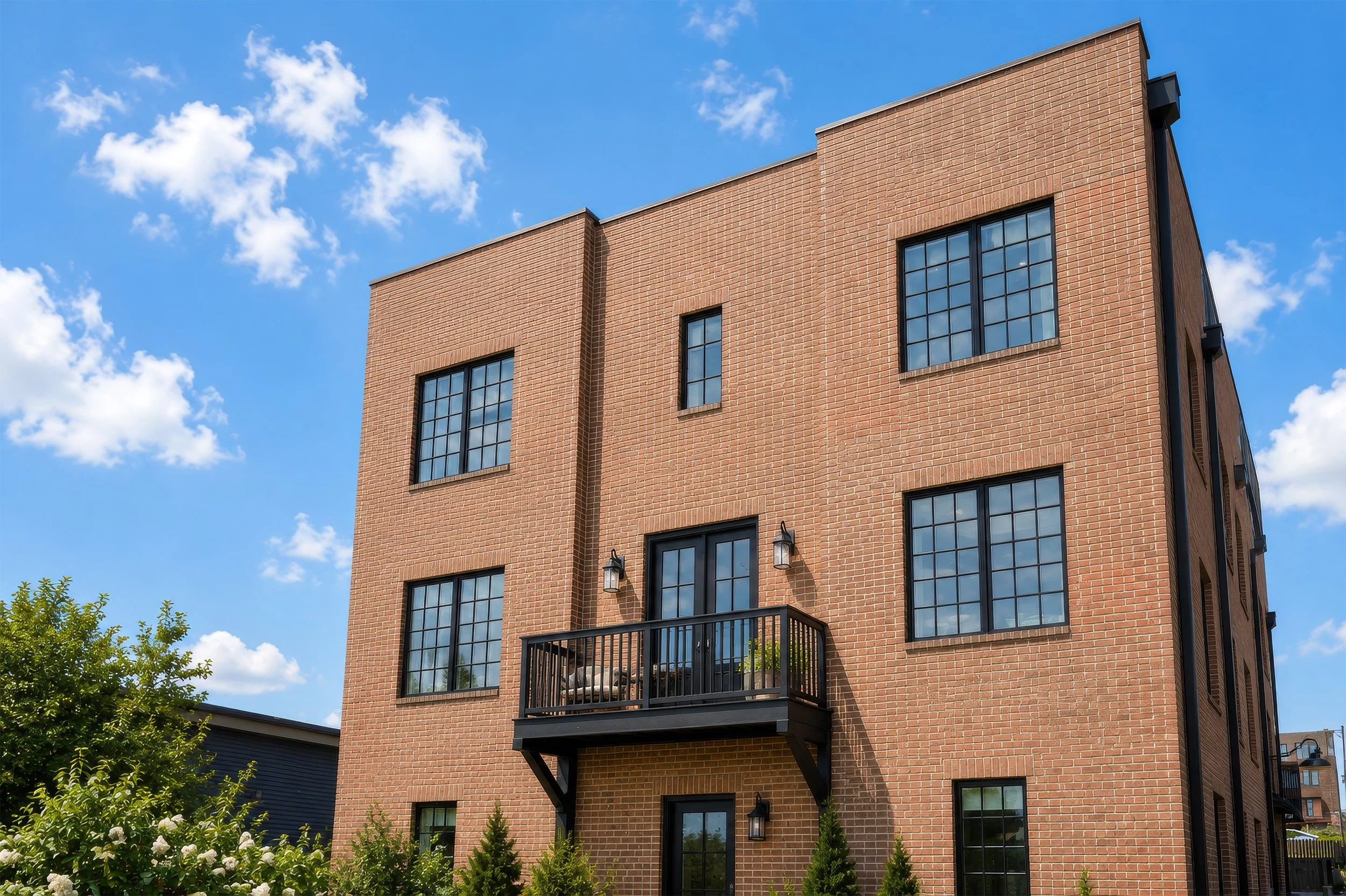 A multi-story brick apartment building with large black-framed windows, a small balcony with potted plants, and outdoor wall sconces, set against a blue sky with scattered white clouds, and surrounded by trees and shrubbery.