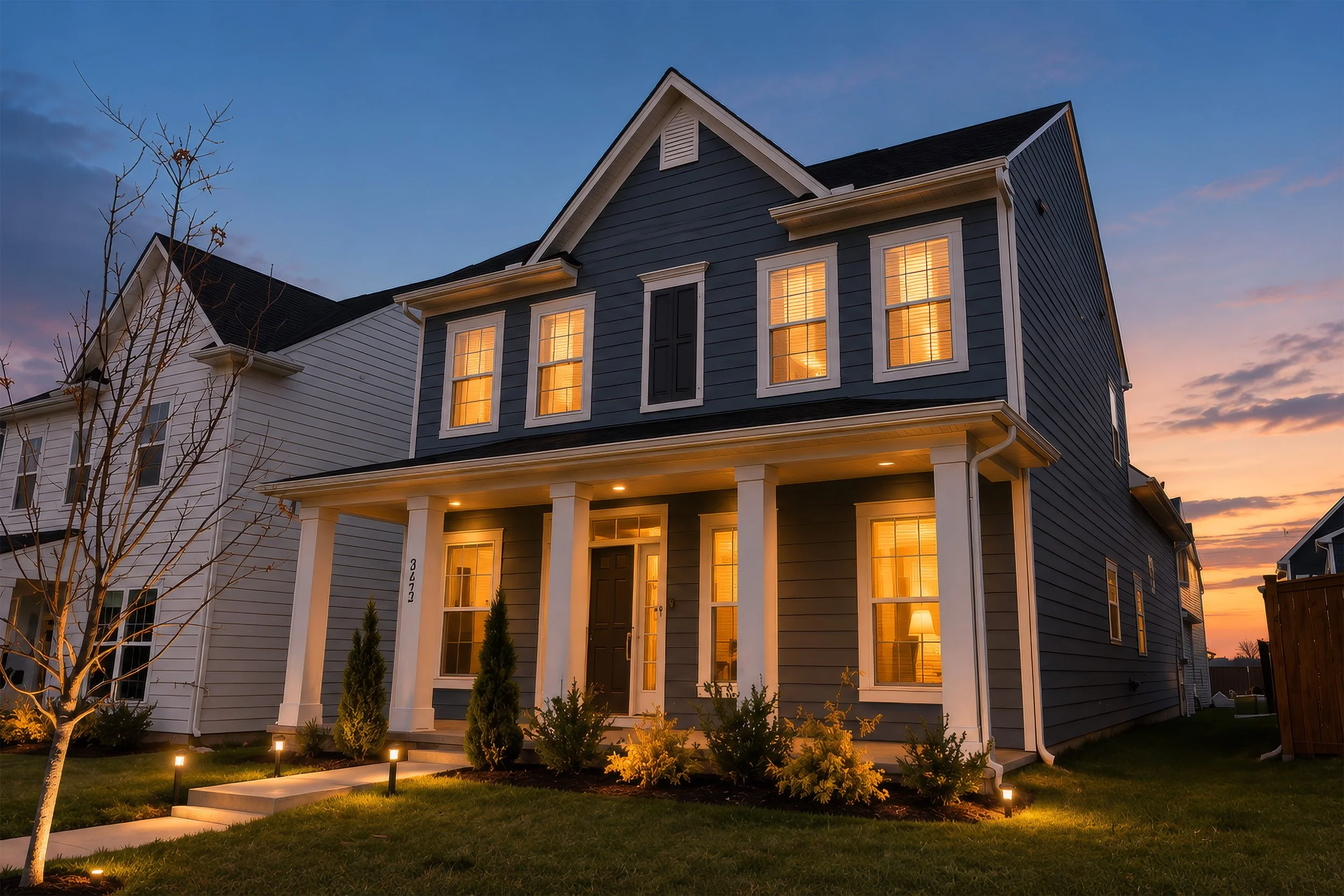 A two-story house with a dark blue exterior, white trim, and a covered front porch illuminated from inside. The house has multiple windows with warm interior lighting, a peaked roof, and small landscaped bushes and trees in the front yard. The sky is