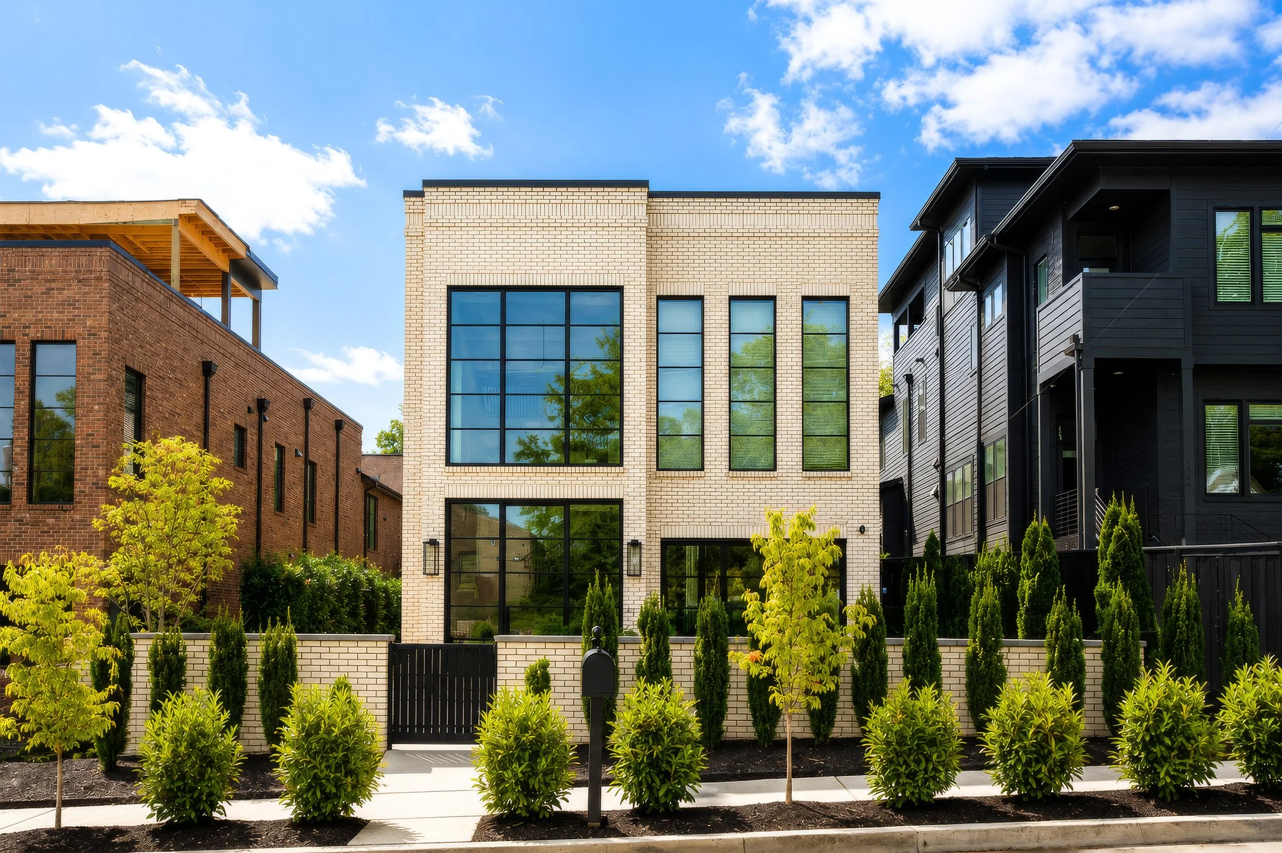 Modern residential buildings with landscaped front yard and green trees under a blue sky with scattered clouds.