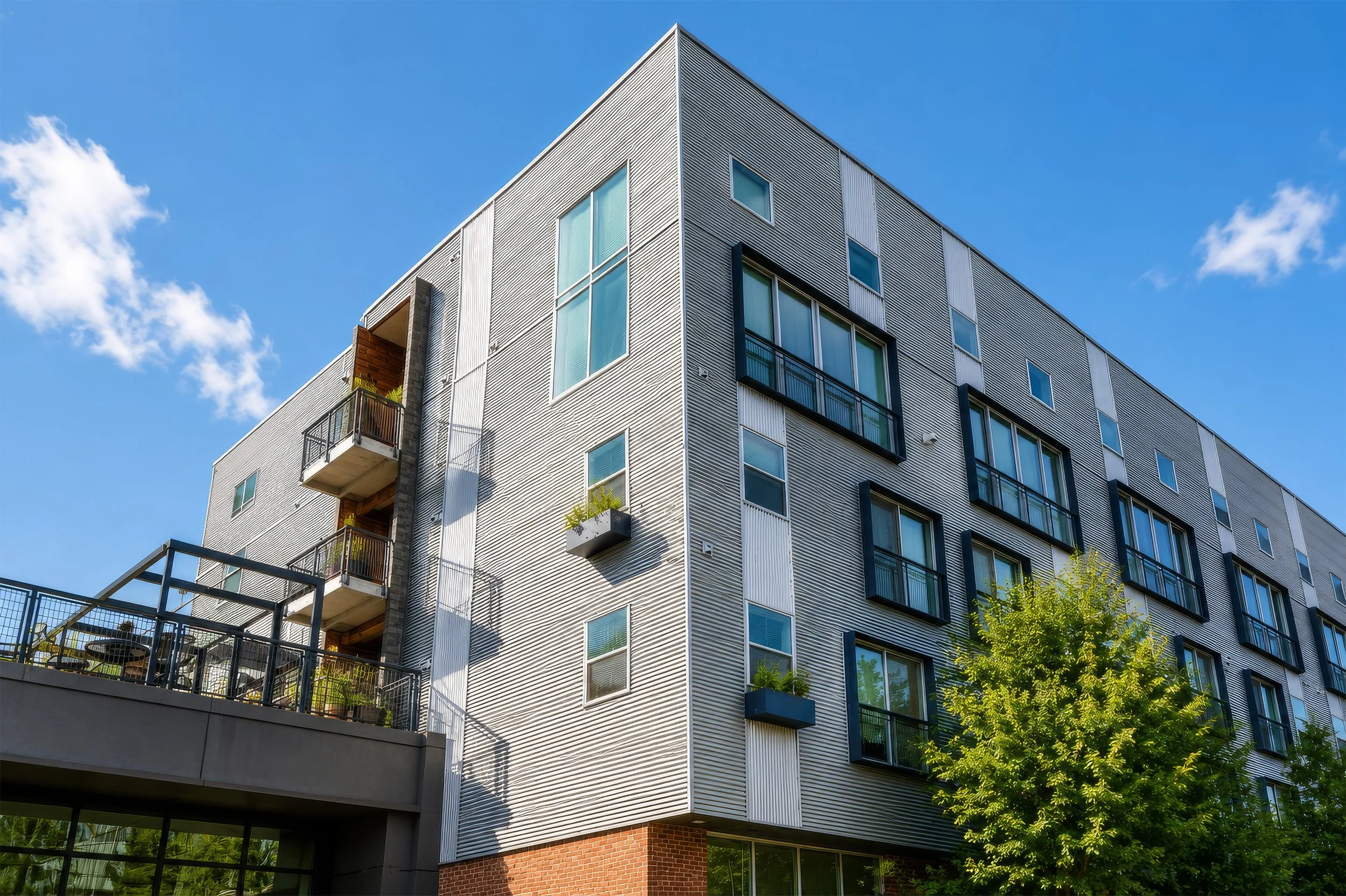 Modern multi-story residential building with metal siding and large windows, some with balconies, set against a blue sky with a few clouds, greenery at the base.