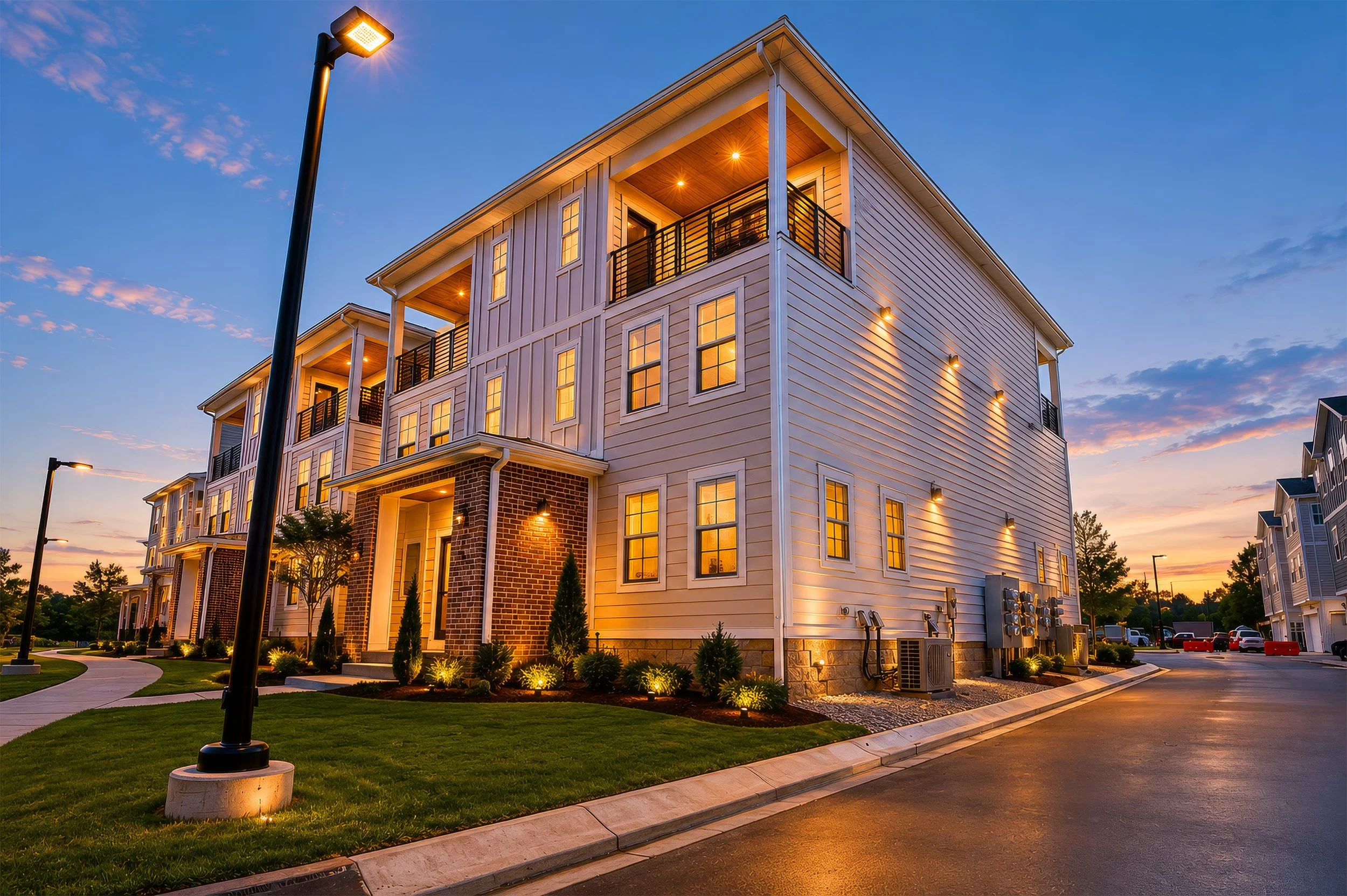 A modern multi-story residential building illuminated at dusk with outdoor lighting, surrounded by a landscaped yard, with a street lamp in the foreground, and a parking lot on the side.