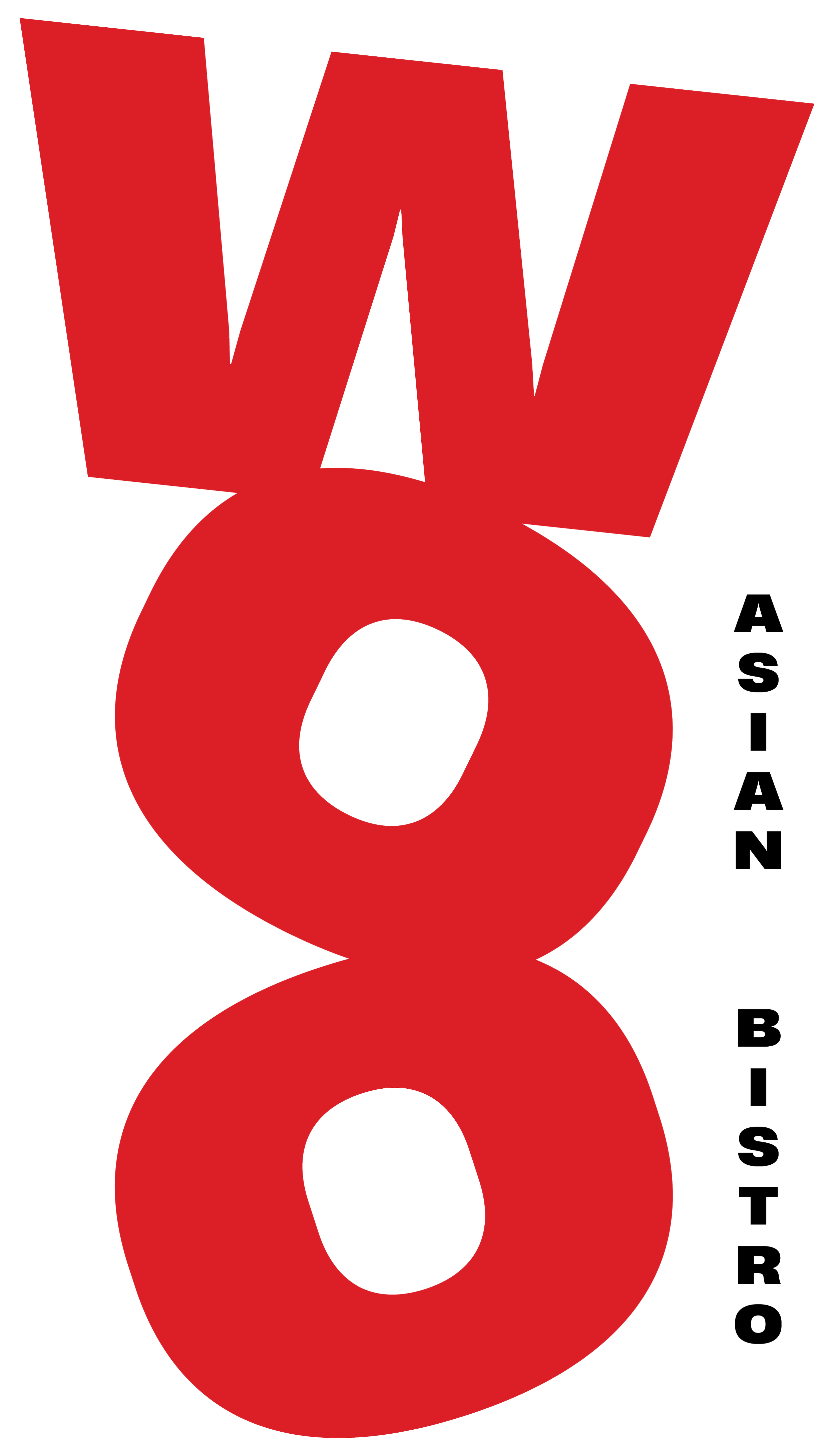 The logo of WOO, with large red verticle letters