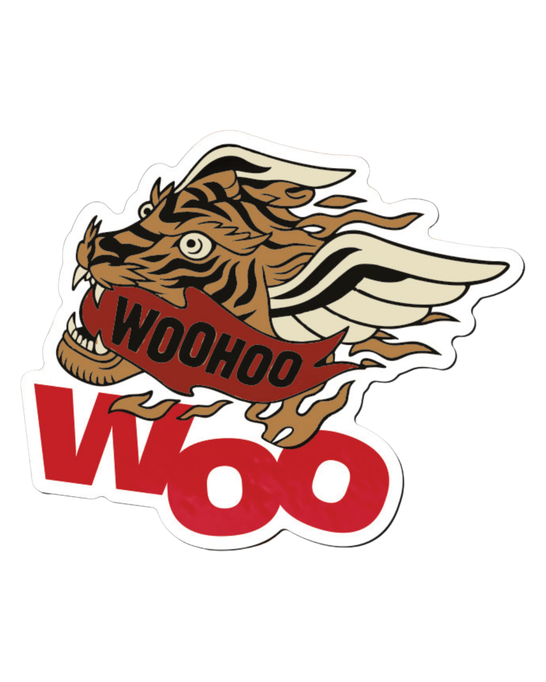 A stylized sticker of a tiger's head with wings and the text 'WOO' on a red banner