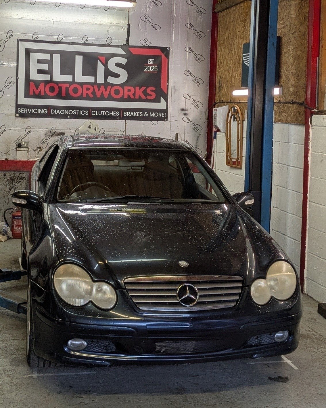 Last week saw this Mercedes C Class come in for some repairs following it's MOT.
The front lower arm ball joint had a load of play so a new arm fitted! 
Rear brake pads had gone right the way down almost to metal on metal and both rear hoses had been