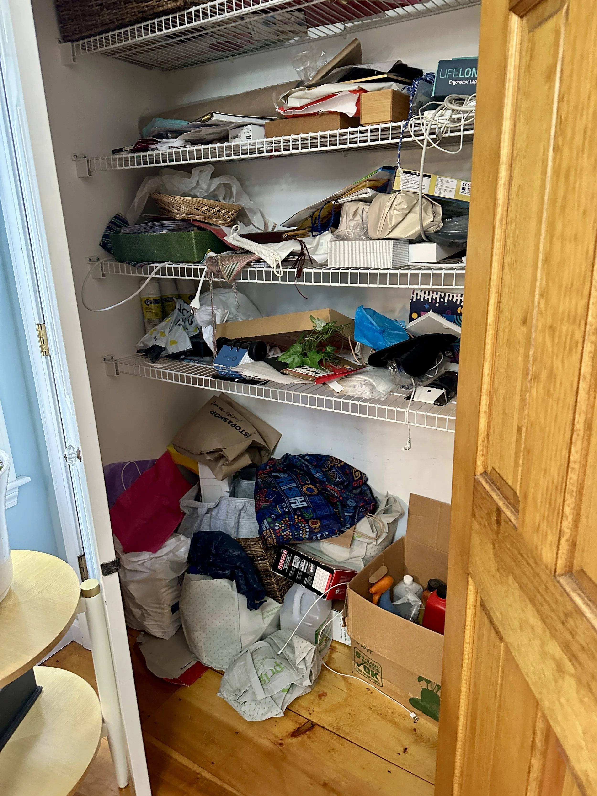 A cluttered pantry with shelves filled with bags, boxes, and miscellaneous items, including paper supplies, a plant, and plastic bags.