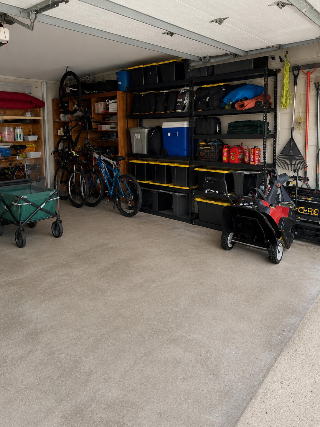 A garage with bicycles, storage shelves filled with containers, tools, and equipment, and a snow blower on a concrete floor.