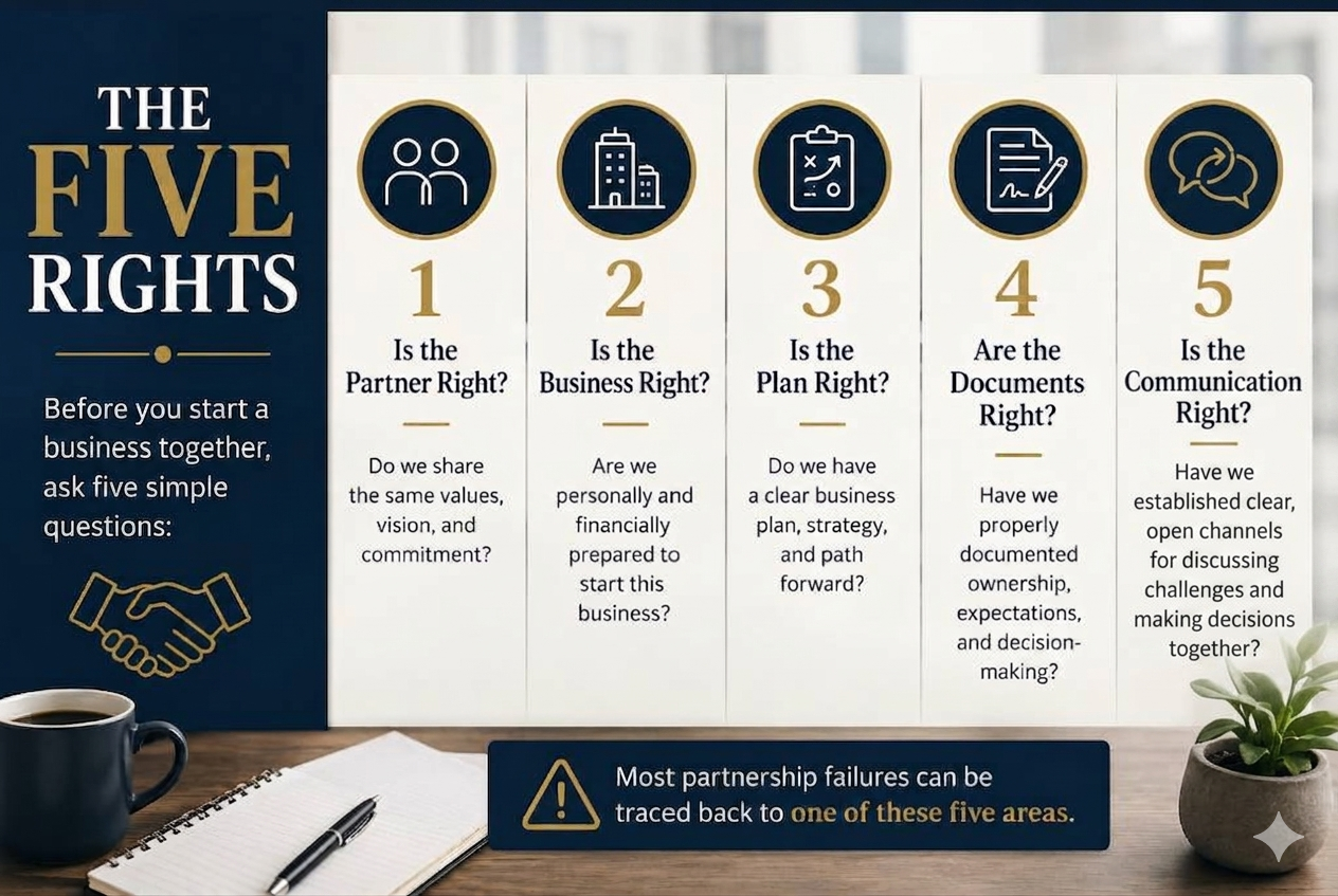 An infographic titled "The Five Rights" displays five key questions to consider before starting a business partnership, each with an icon and a brief explanation. The questions are: 1. Is the Partner Right? Do we share the same values, vision, and commitment? 2. Is the Business Right? Are we personally and financially prepared to start this business? 3. Is the Plan Right? Do we have a clear business plan, strategy, and path forward? 4. Are the Documents Right? Have we properly documented ownership, expectations, and decision-making? 5. Is the Communication Right? Have we established clear, open channels for discussing challenges and making decisions together? There is a note emphasizing that most partnership failures can be traced back to one of these five areas, and a cup of coffee, a notebook, a pen, and a potted plant are placed on a wooden table at the bottom of the image.