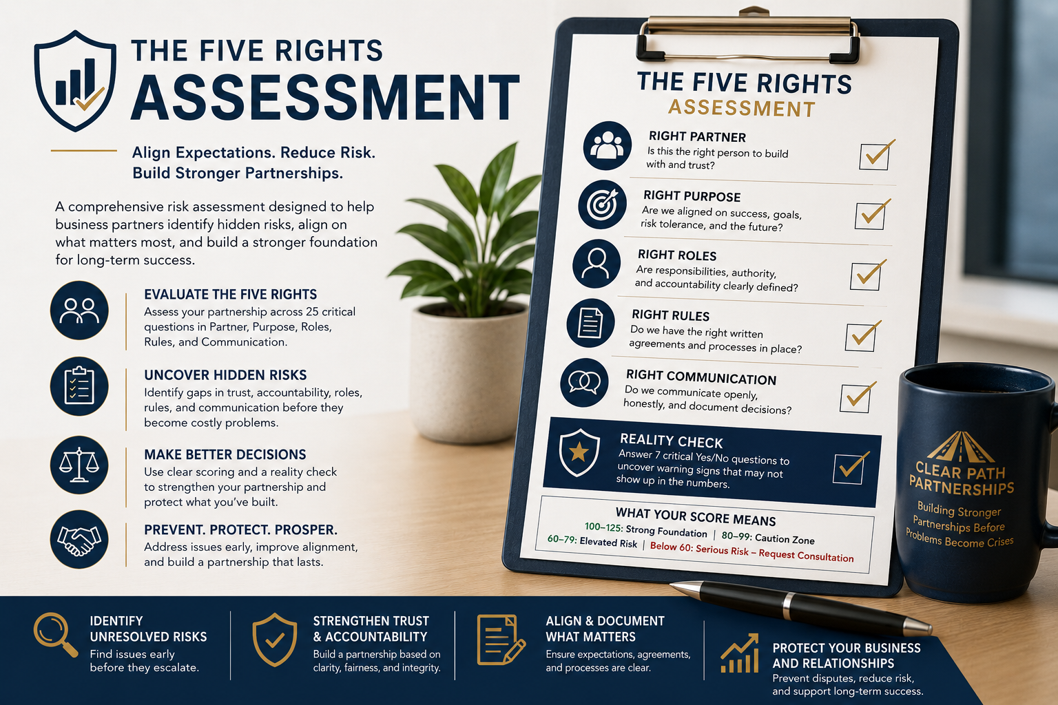 A poster titled 'The Five Rights Assessment' featuring a checklist of five criteria with checkmarks: Right Partner, Right Purpose, Right Roles, Right Rules, and Right Communication. The poster emphasizes aligning expectations, reducing risk, and building stronger partnerships with key questions and a reality check section. There is a clipboard, a plant, a marker, and a mug with the logo 'Clear Path Partnerships' on the desk.