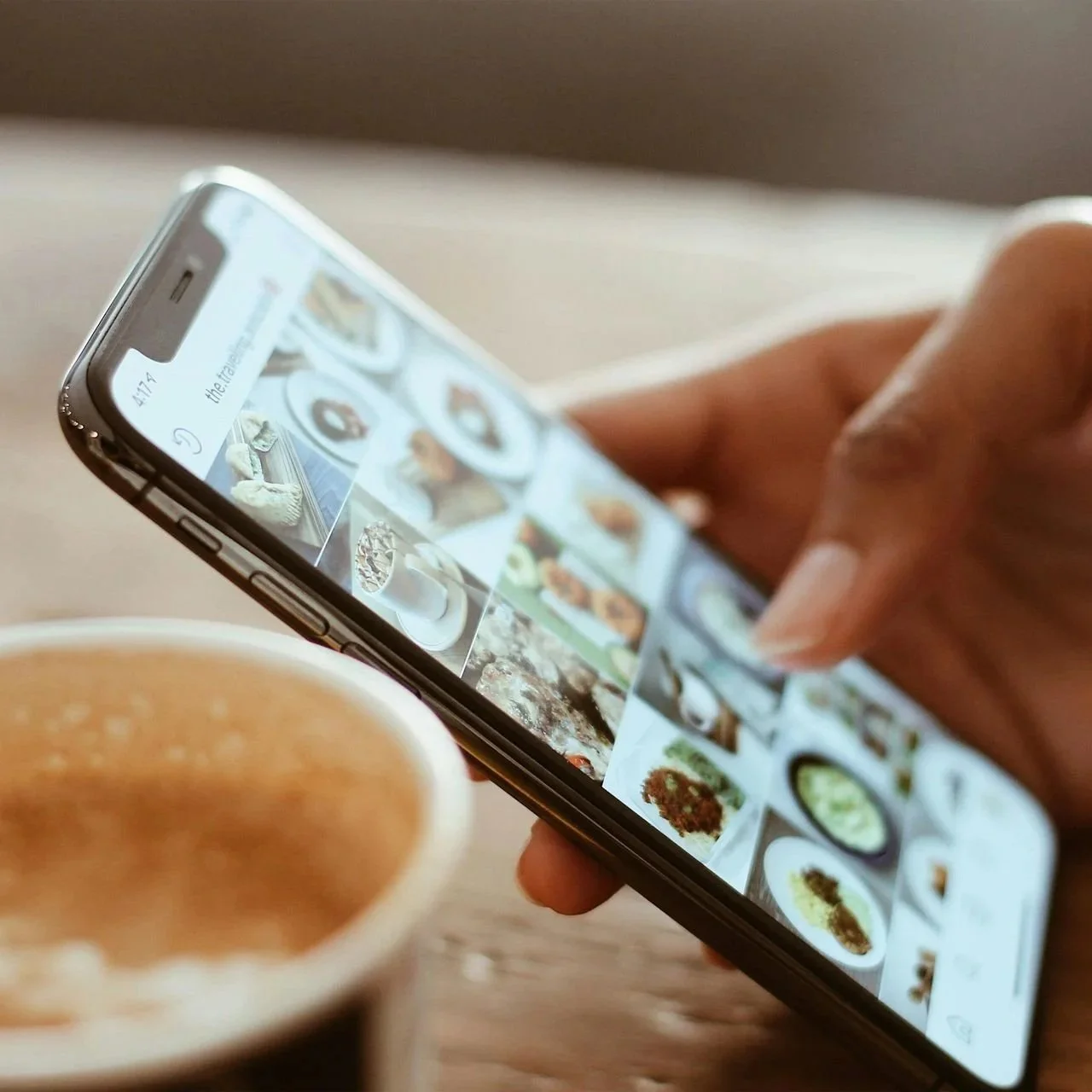 A person holding a smartphone displaying a food photo app, with a cup of coffee in the foreground.