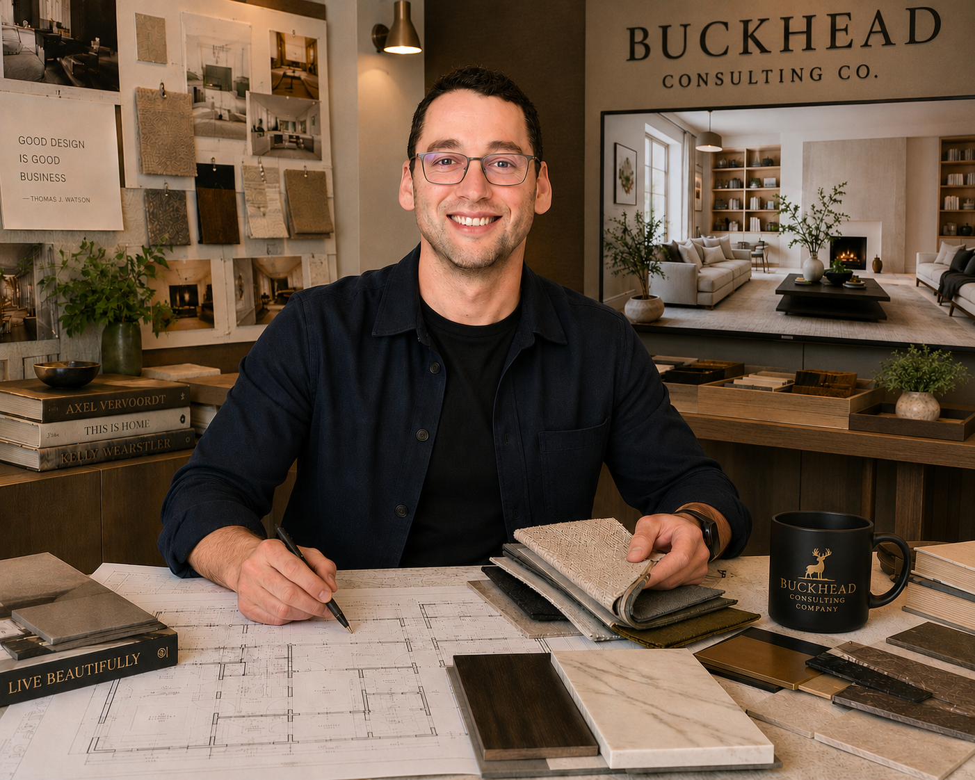 A smiling man with glasses sitting at a desk in an interior design office, surrounded by fabric swatches, design books, and architectural plans, with a large screen displaying a living room interior in the background.