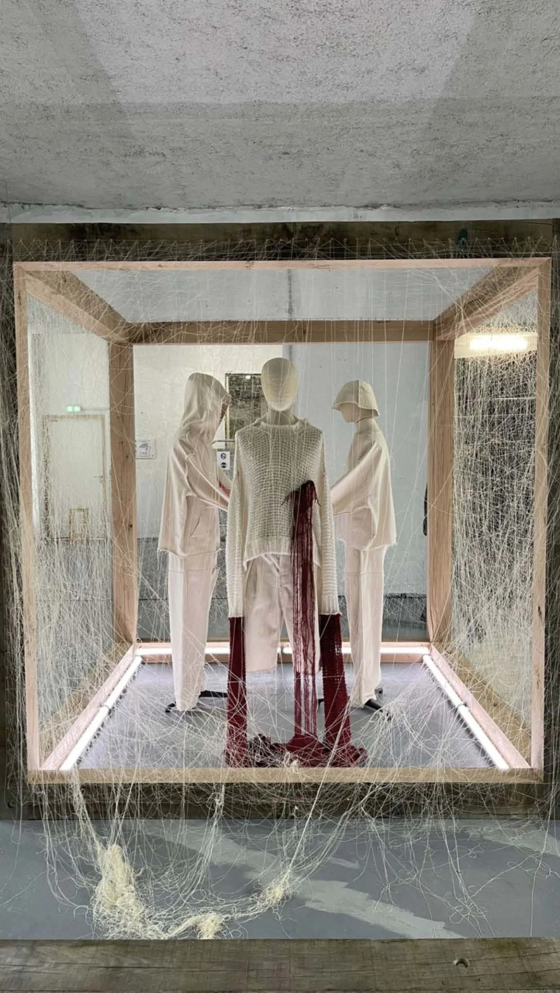 Display case with mannequins dressed in white outfits, surrounded by spider webs, in an art installation or exhibit.