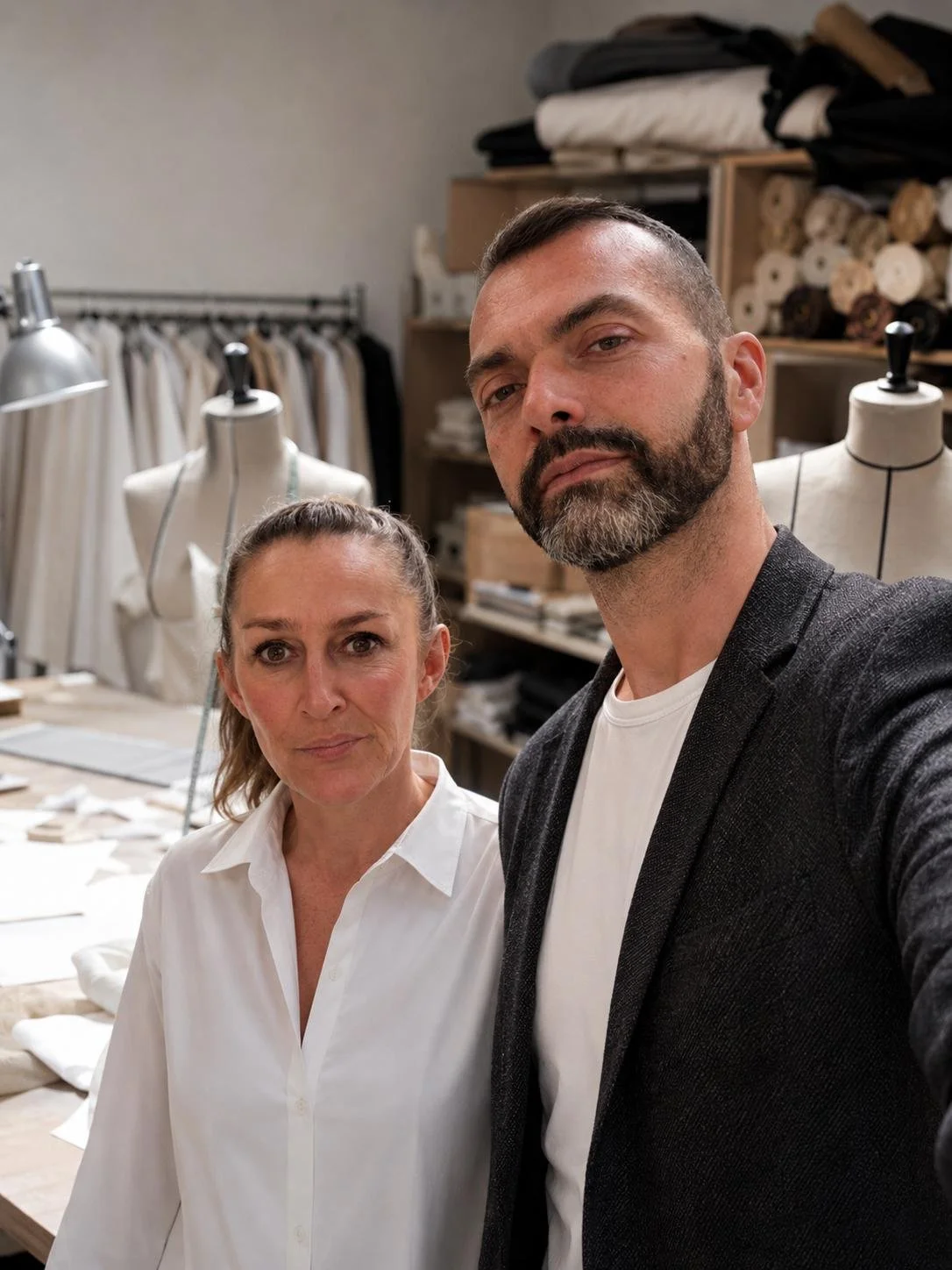 Tricot Chic designers standing together in their Italian design studio surrounded by knitwear garments