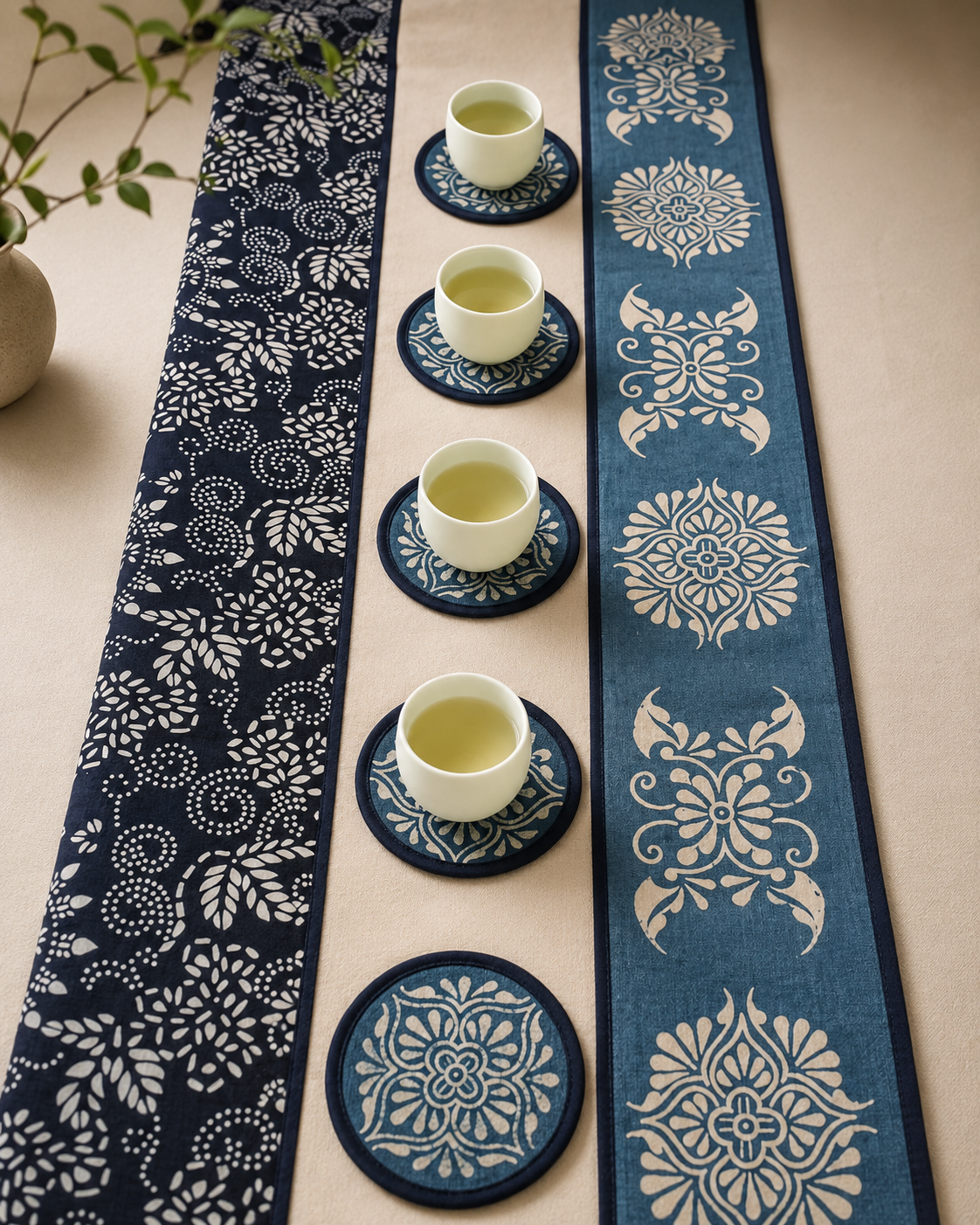 Yuanix Design handwoven indigo textile runners with ceramic tea cups