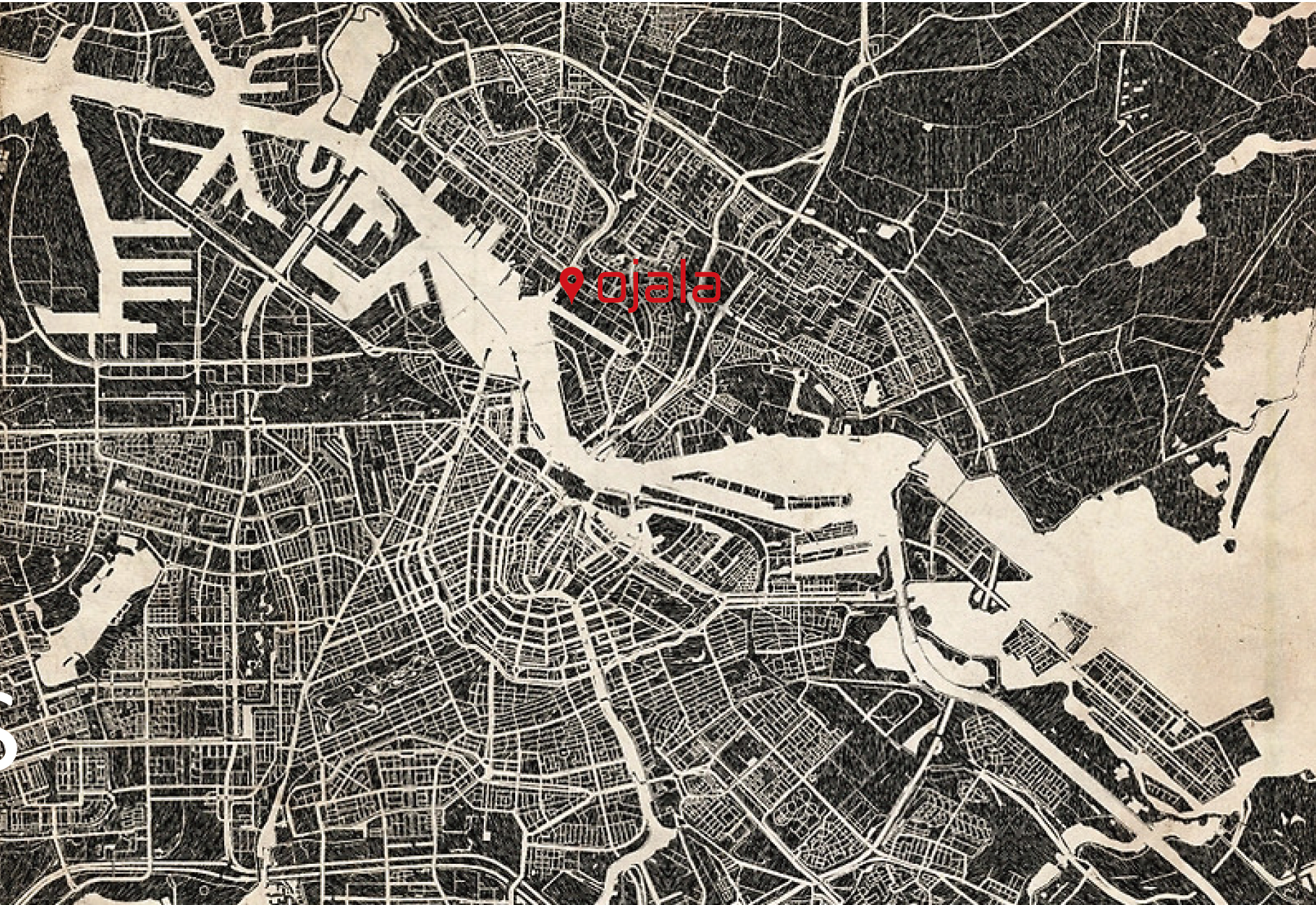 Black and white map of a city with streets and waterways, with a red location marker labeled 'Ojala' in the downtown area.