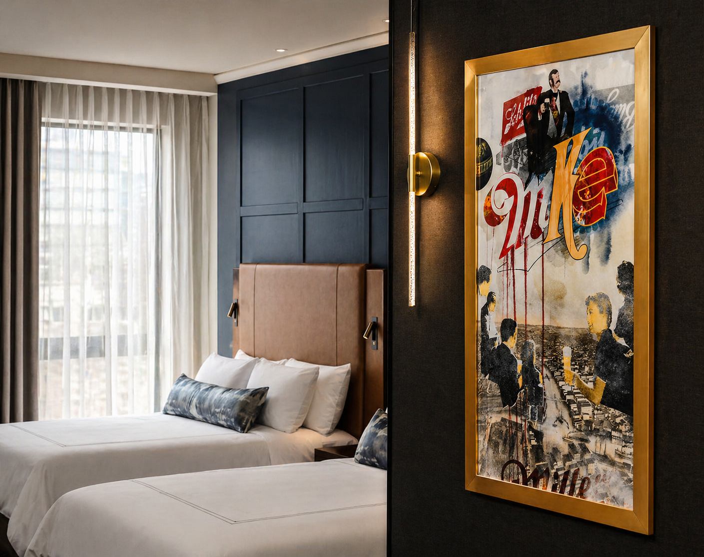 A hotel room featuring two neatly made beds with white linens, decorative pillows, and a beige headboard. To the right, there is a stylish wall art piece with vibrant colors and bold typography, framed in gold. The room has a large window with sheer curtains allowing natural light to fill the space.
