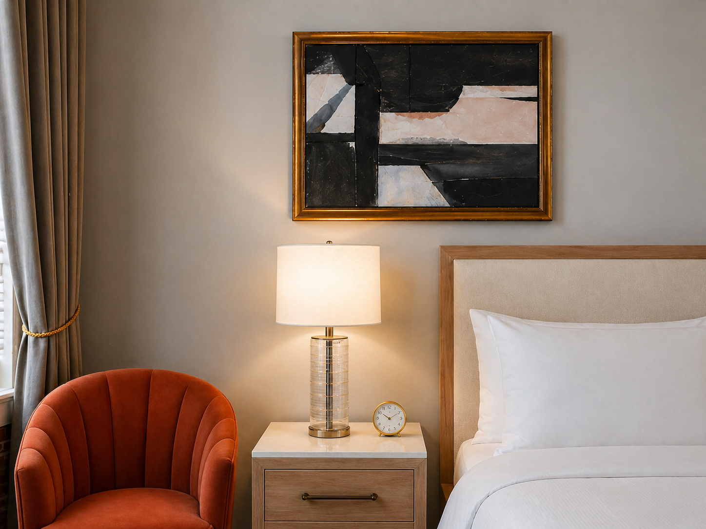 A bedroom with a bed, a nightstand with a lamp, a small clock, an orange armchair, and a framed abstract painting on the wall
