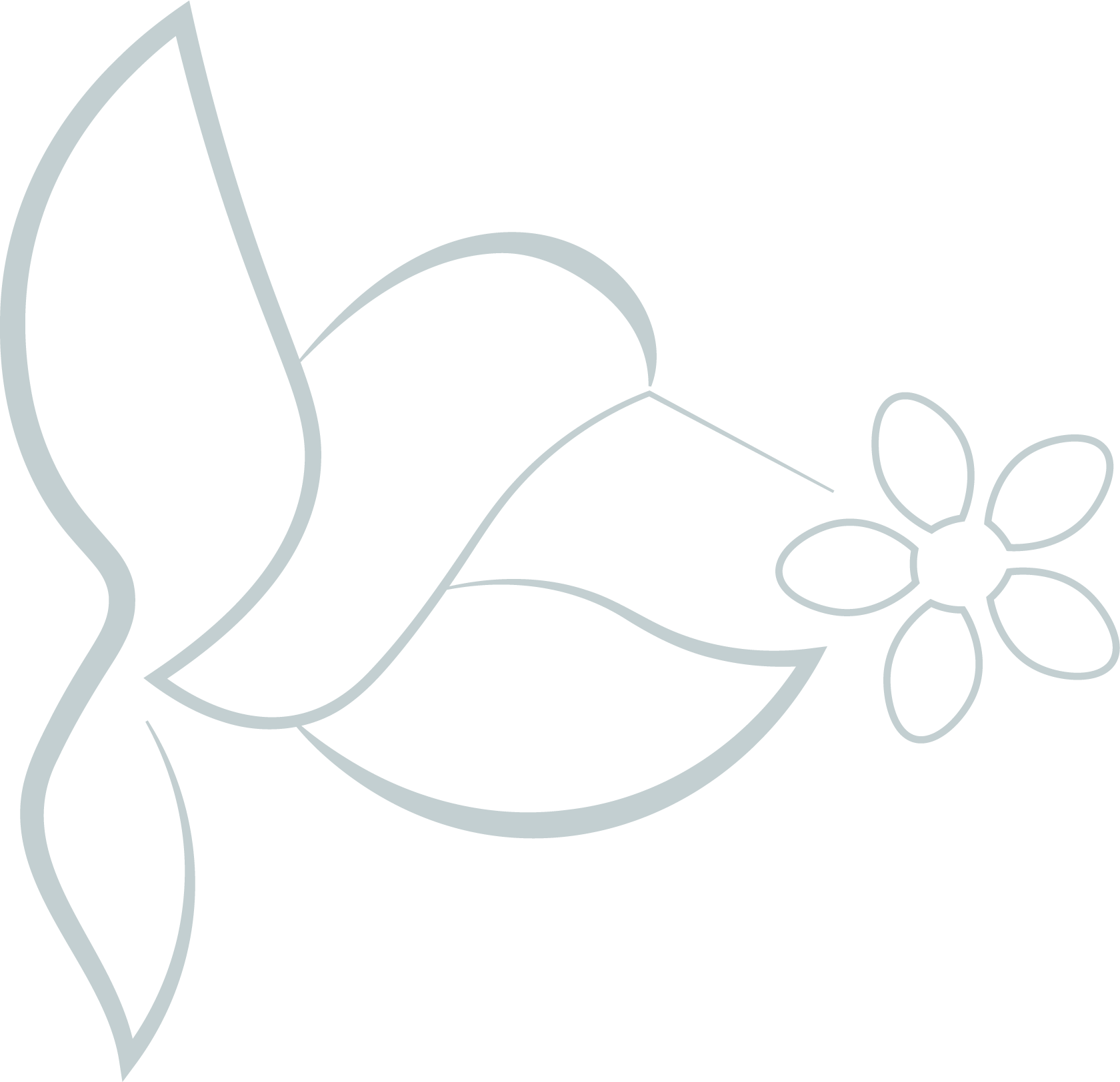 Outline drawing of a hummingbird and flower, in a minimalist style with light gray lines on a black background. By Edith Schatz.