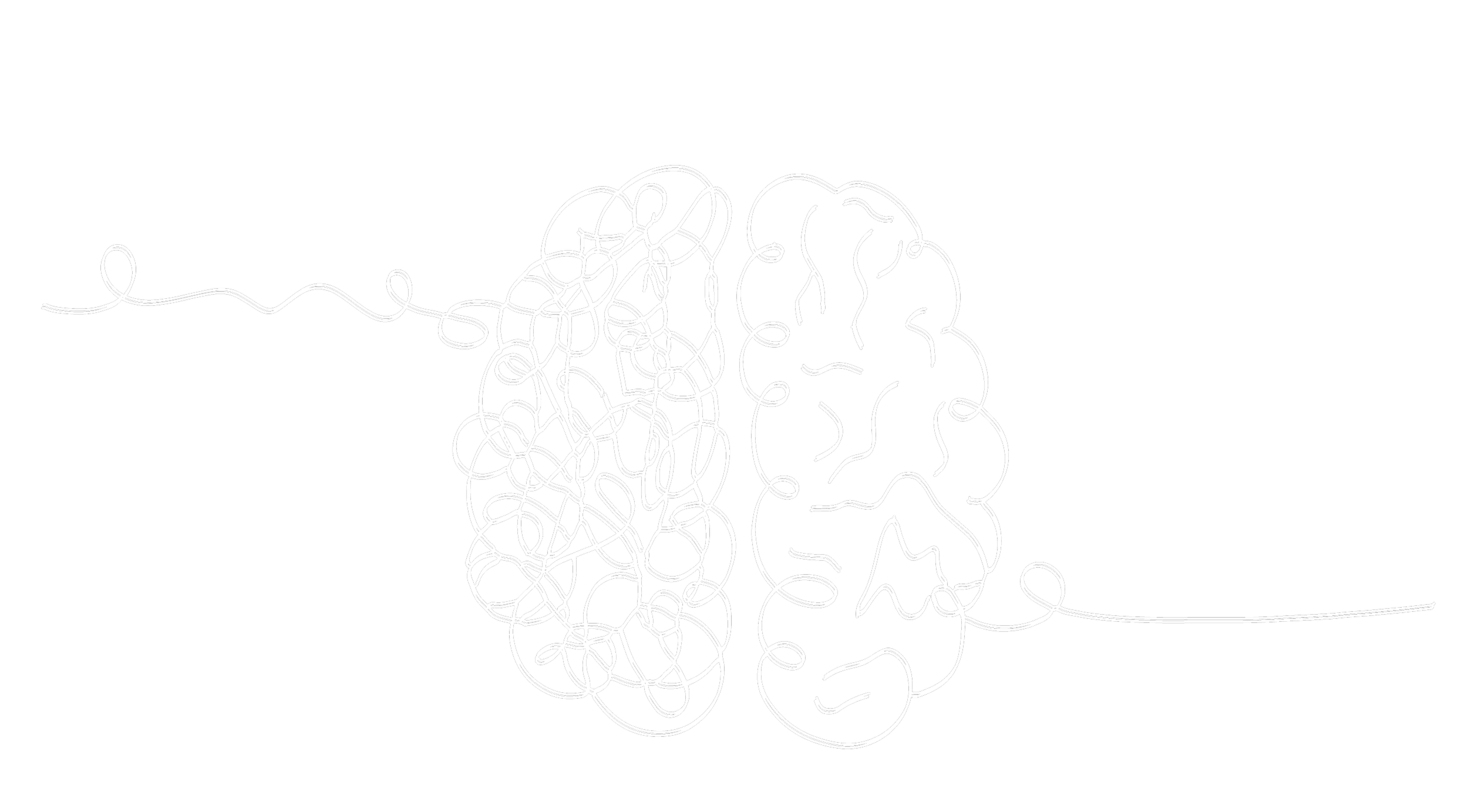 White line drawing of a human brain on a black background.