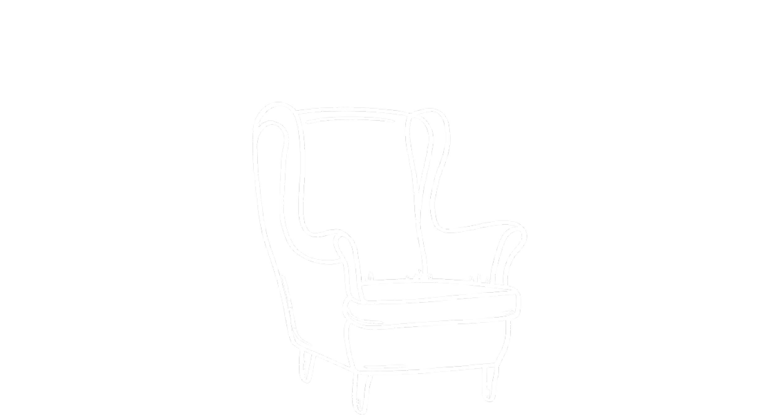 Line drawing of a modern armchair with tall backrest and four legs.