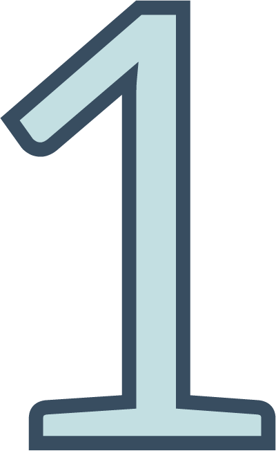 Illustration of the number one in light blue with dark blue outline.