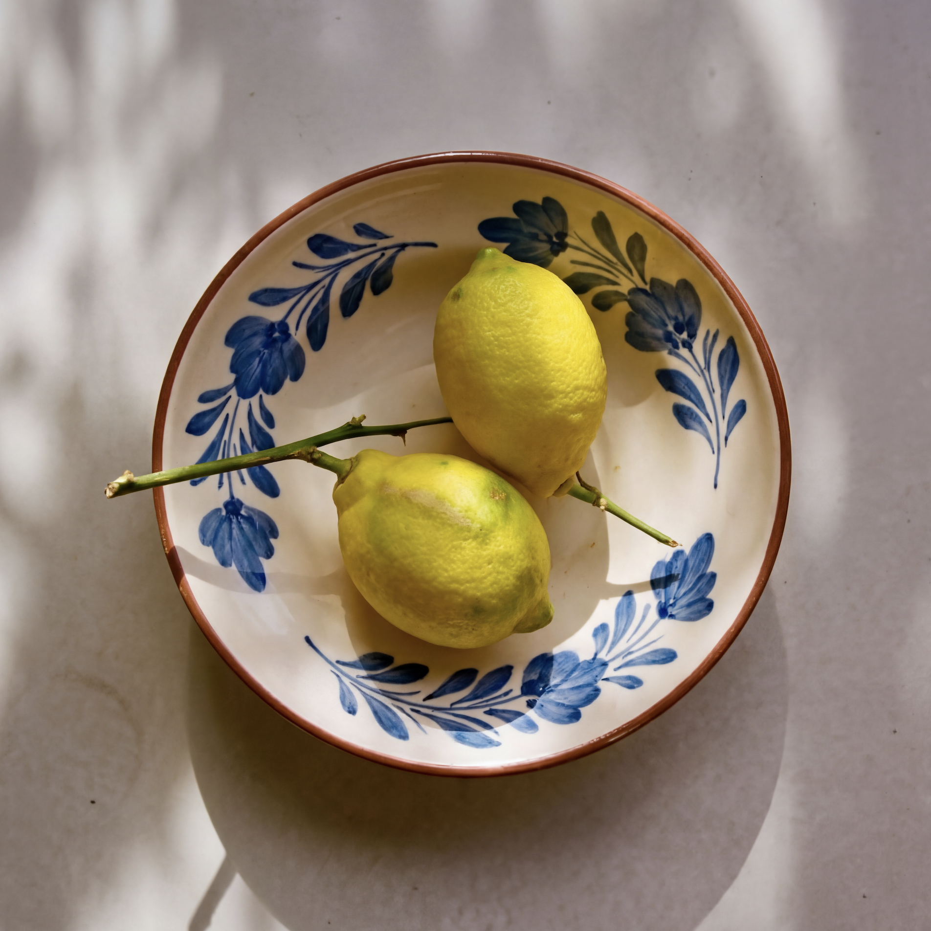 A decorative ceramic bowl with a red rim, blue floral pattern, and a white background, containing four yellow lemons and a small green stem.