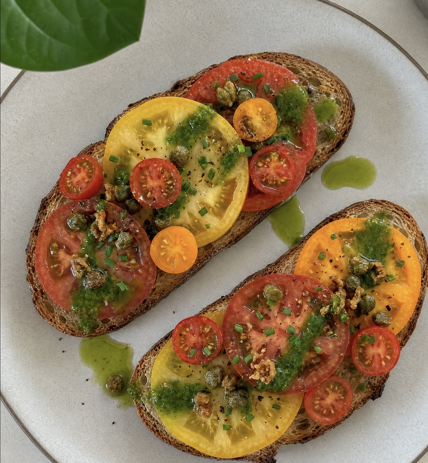Tomato Toast with Basil Oil and Crispy Capers