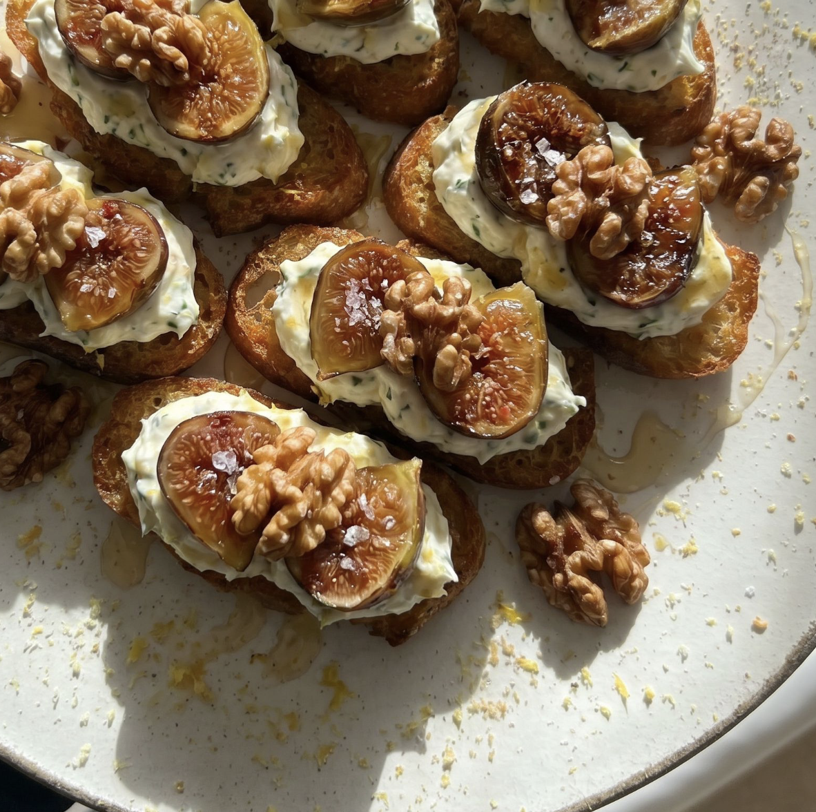 Roasted Fig Crostini with Whipped Herb Spread and Toasted Walnuts