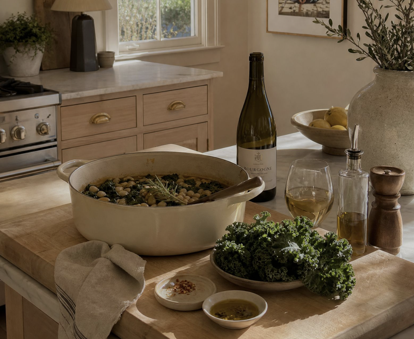 Braised White Beans with Tuscan kale, Rosemary, and Olive Oil