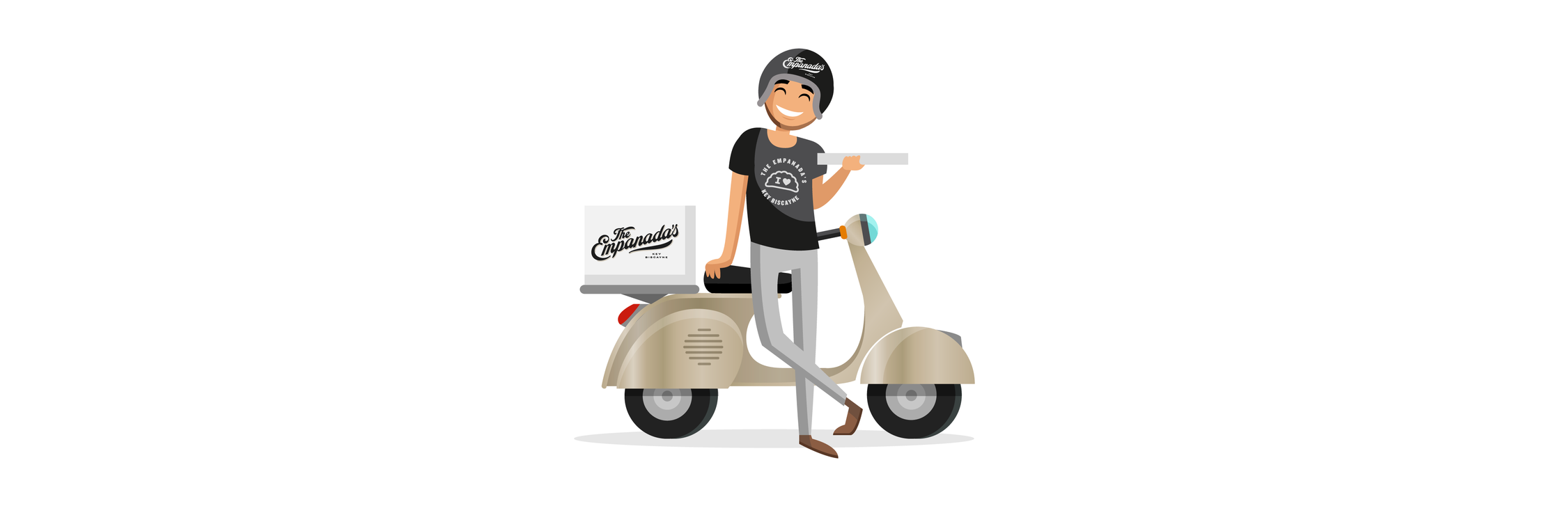Cartoon delivery person on a beige scooter, smiling, wearing a black helmet and black t-shirt with a logo, carrying a box labeled 'The Empanada's'.
