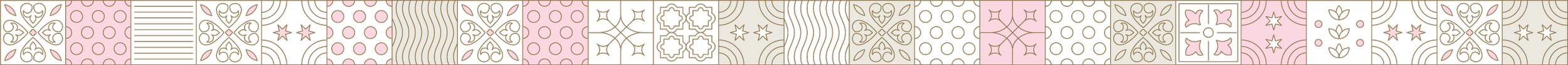 Pattern strip featuring black, pink, and gold geometric and floral designs.