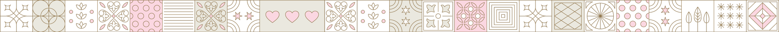 A decorative border pattern featuring various geometric and floral motifs in black, white, pink, and gold colors.