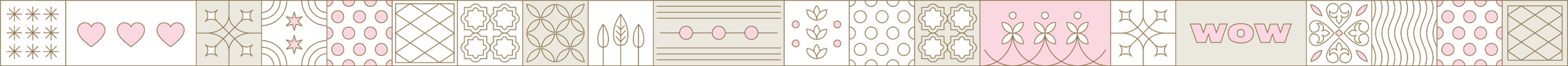 A decorative digital border featuring various patterned tiles in black, white, pink, and gold, including hearts, stars, floral motifs, geometric shapes, and the word animals and symbols.