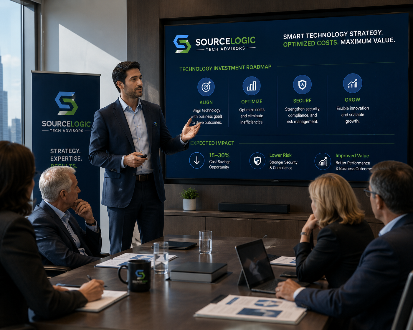 Business presenter discusses technology investment roadmap on large screen during a meeting with colleagues in a modern office conference room.