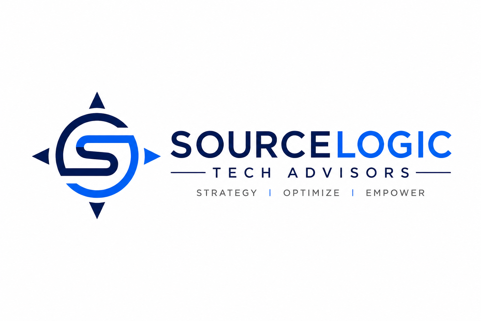 Logo for SourceLogic Tech Advisors featuring a circular emblem with a stylized S in the center, surrounded by blue arrows pointing outward, and the company name in bold blue text with the tagline 'Strategy | Optimize | Empower' below.