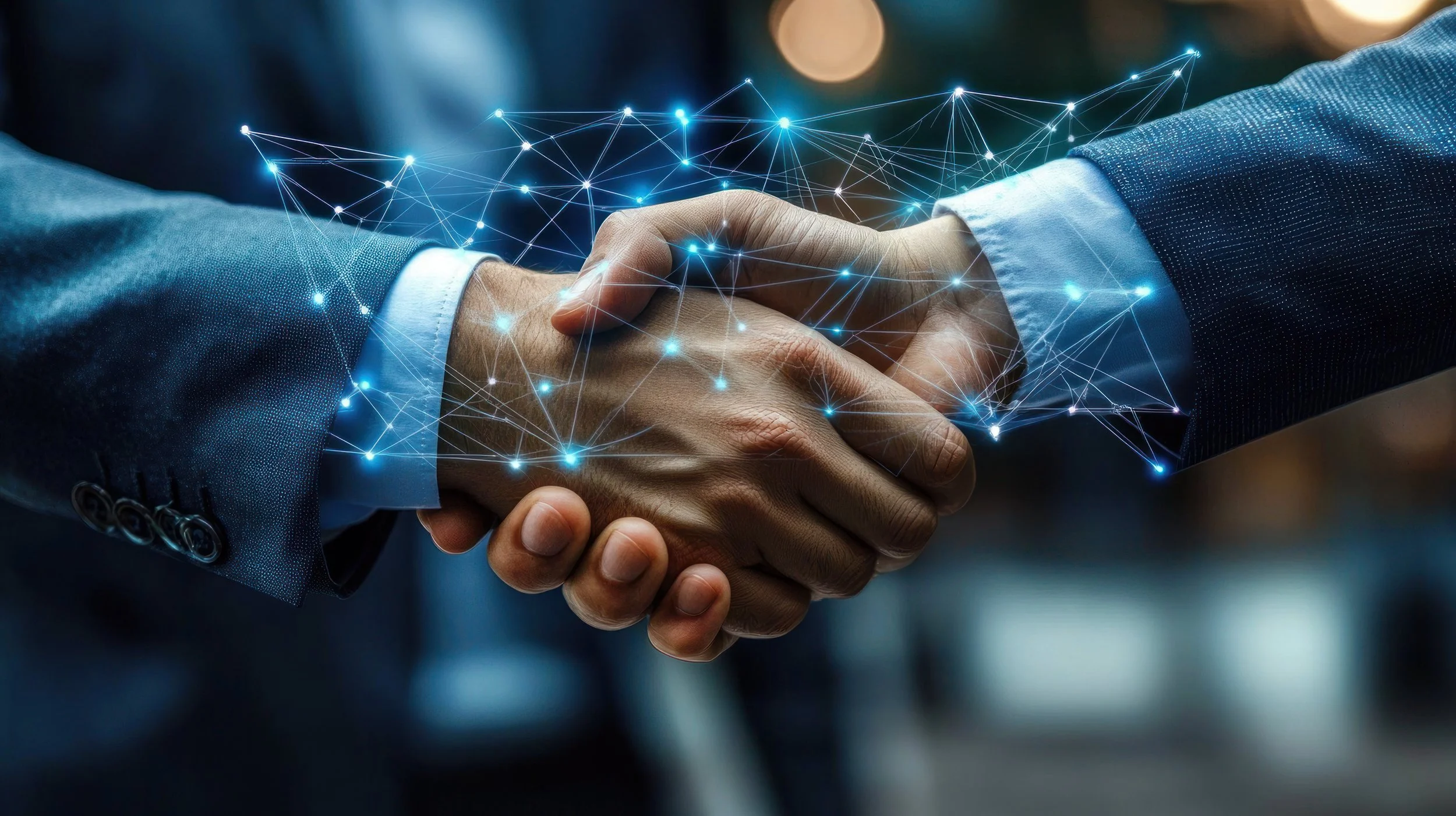 Two people in business suits shaking hands with digital network lines and glowing nodes overlayed, symbolizing digital connection or technological partnership.