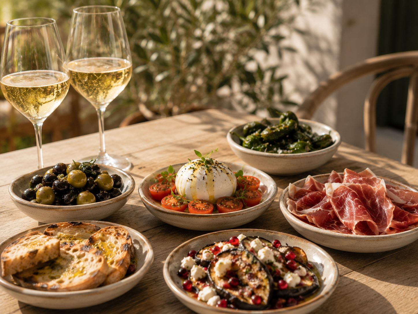 Tisch mit italienischen Vorspeisen, darunter Tomate mit Burrata, schwarze und grüne Oliven, Schinken, Auberginen mit Feta, gebackene Zwiebeln, und Porridge mit Pomegranate, begleitet von zwei Gläsern Weißwein auf Sonnenlicht