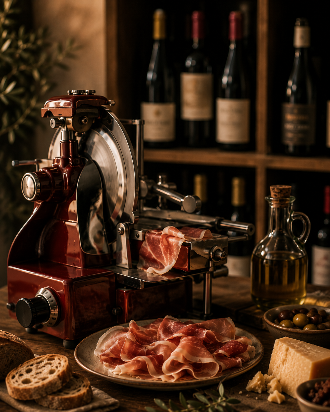 Eine Wurstmaschine mit Schinken oder Prosciutto, umgeben von Brot, Käse, Oliven, Olivenöl und anderen Zutaten, in einer rustikalen Küche