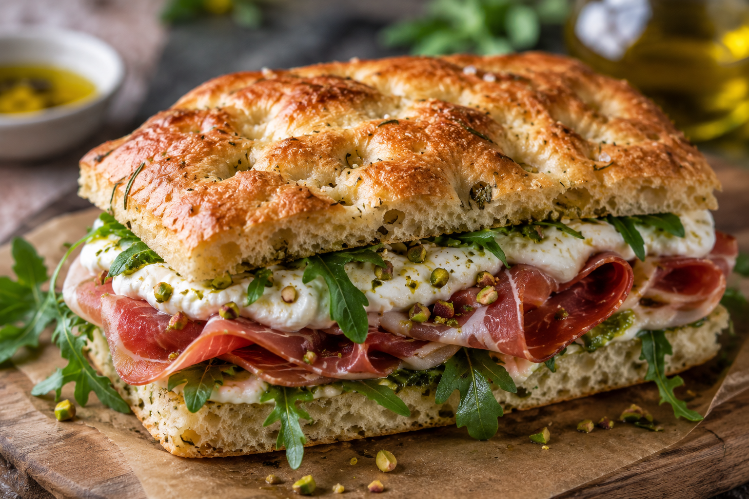 Foccacia mit Prosciutto, Rucola, Käse und Pesto - herrliches Gericht im VENIDO Neulengbach. Kann man auch mit nach Hause nehmen.