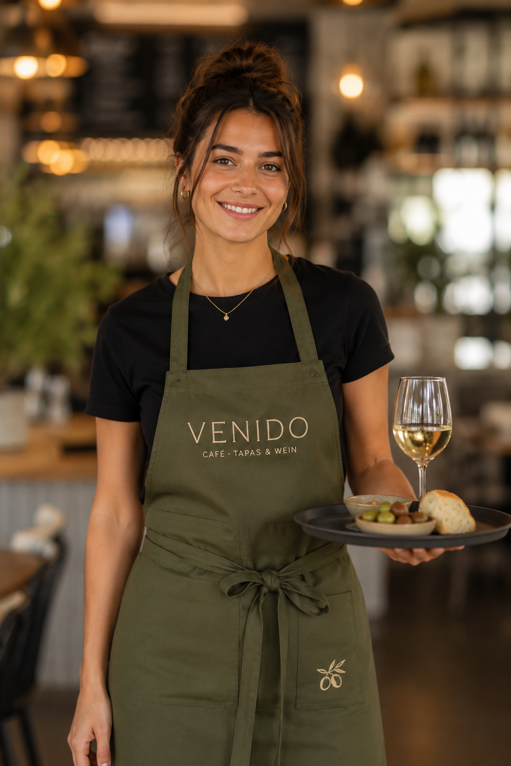 Eine lächelnde Kellnerin trägt eine grüne Schürze mit der Aufschrift 'VENIDO Café - Tapas & Wein' und hält eine Platte mit Wein, Brot und Oliven in einem Restaurant.