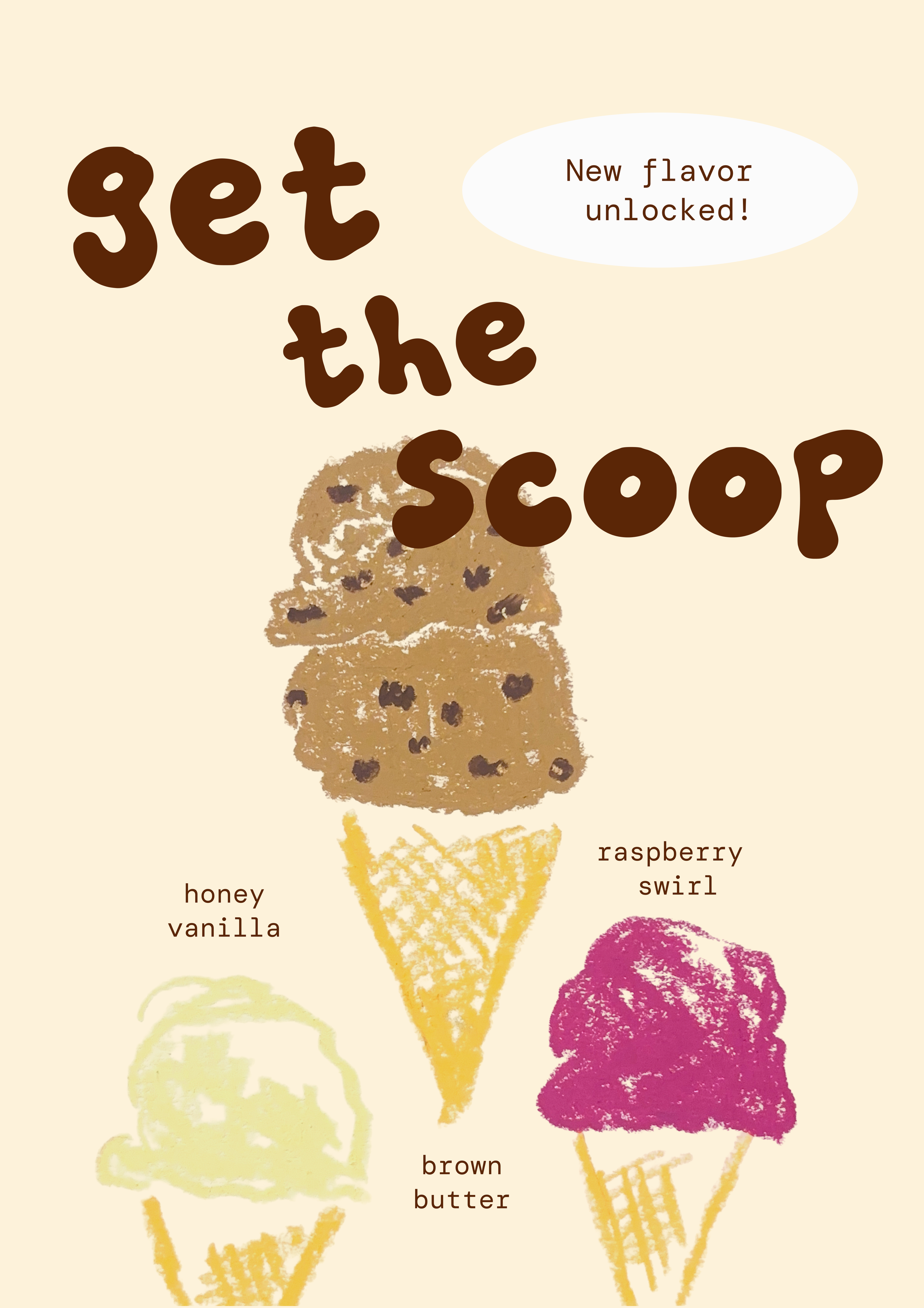 An illustrated ice cream cone with three scoops of chocolate chip cookie dough ice cream, labeled with flavor options: honey vanilla, raspberry swirl, brown butter. The background has a label that says 'get the scoop' and a speech bubble that says 'New flavor unlocked!'.