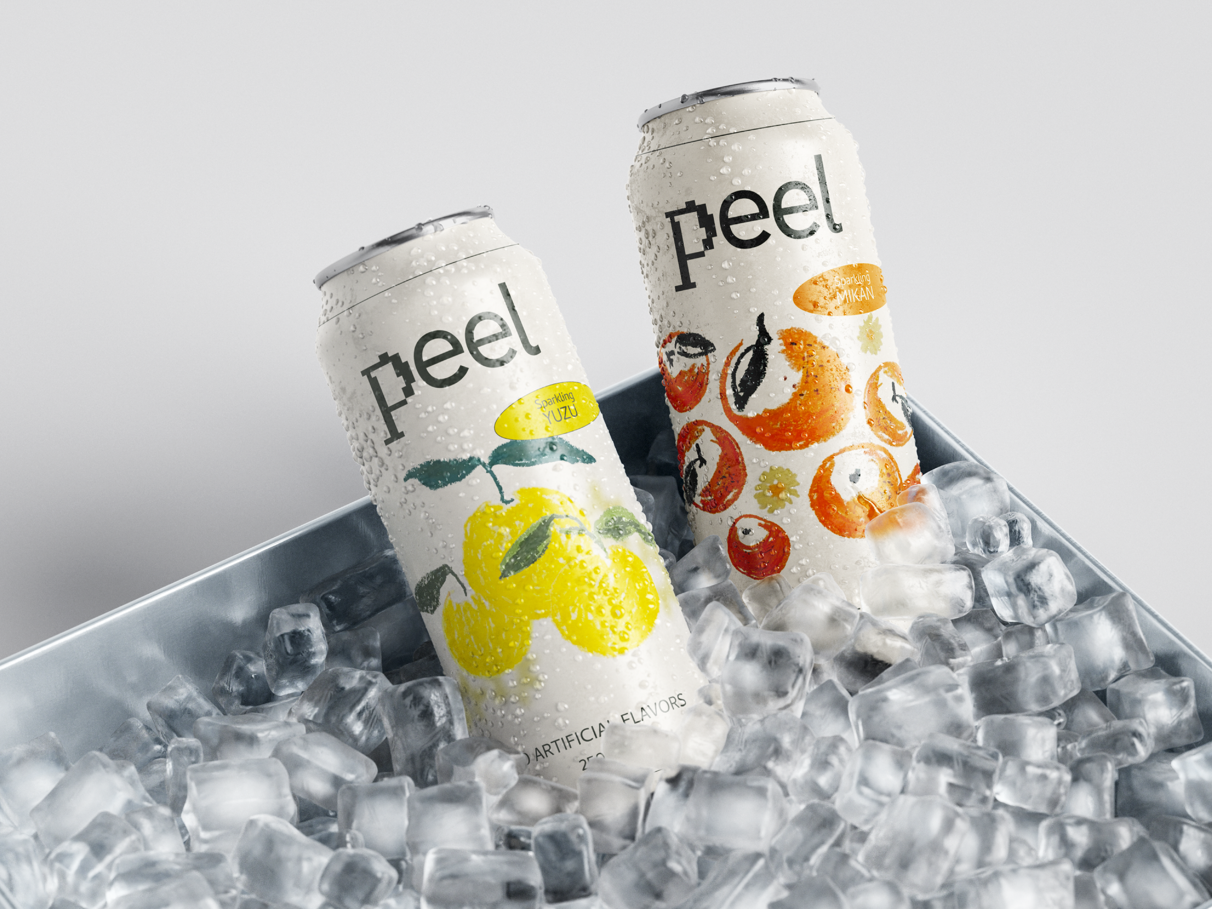 Two cans of sparkling flavored water placed in ice-filled metal container. The cans are wet with water droplets, with one labeled 'Yuzu' and the other labeled 'Mikan' with illustrated citrus fruits.