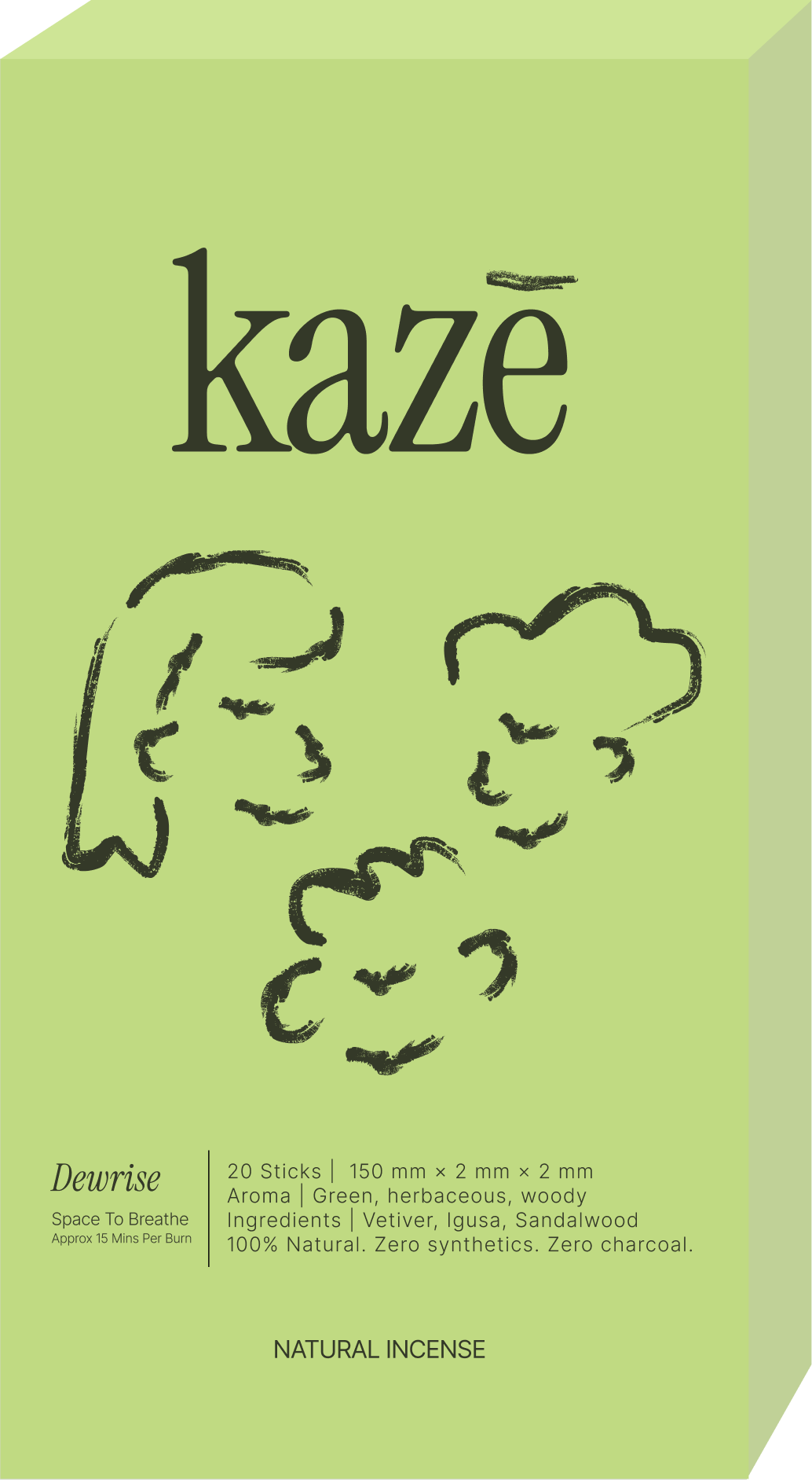 Packaging label for a natural incense product called 'kaze' by Dewrise. The label features a light green background with black line art of leaves or woody ingredients. The product contains 20 sticks, each 150 mm long and 2 mm thick. It is described as an aromatic, herbaceous, woody scent with natural ingredients like vetiver, igusa, and sandalwood. The incense is vegan, zero synthetics, and zero charcoal, offering about 15 minutes of burn time per stick.