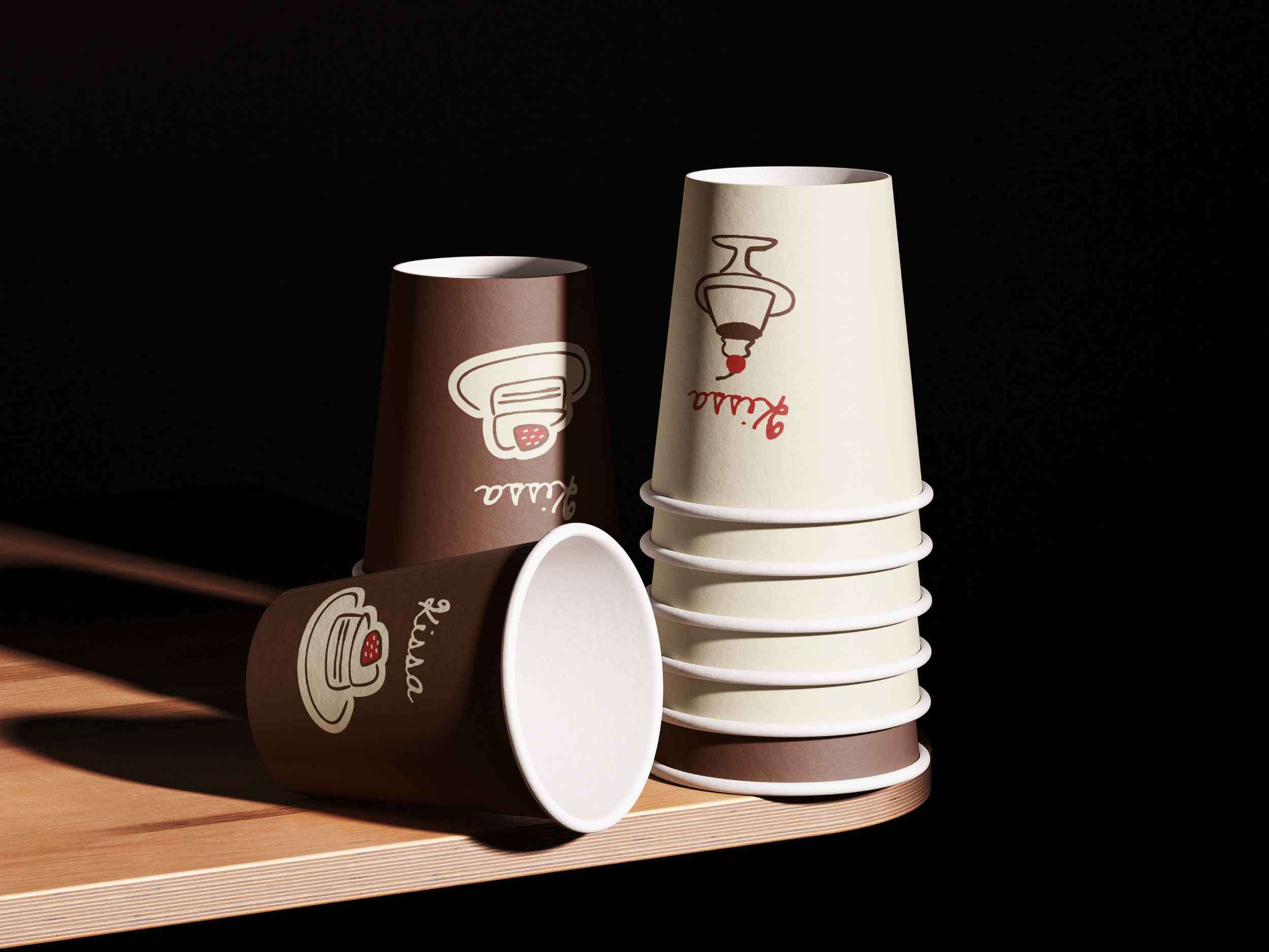 Stacked coffee cups, brown and cream, on a wooden surface with a dark background.