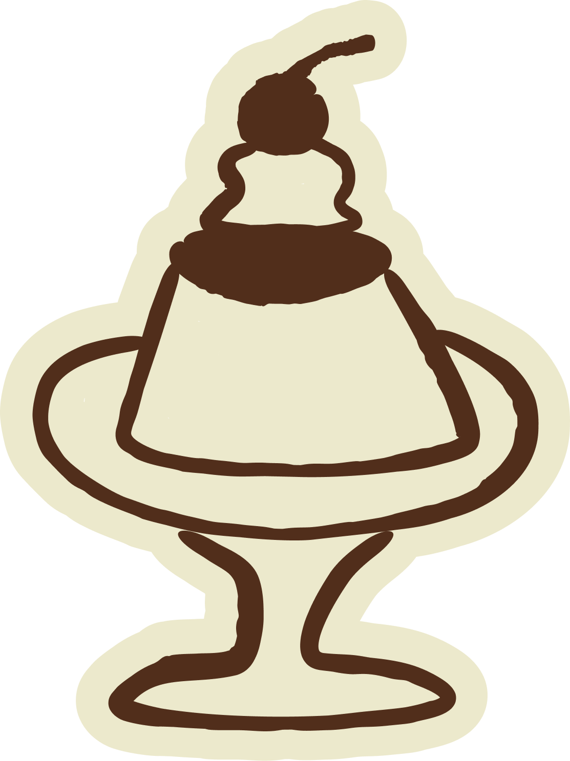 A drawing of a sundae in a glass dish with chocolate syrup on top.