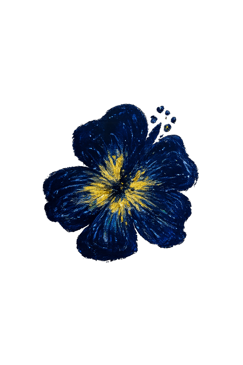 A digital painting of a blue hibiscus flower with yellow accents, set against a navy background.