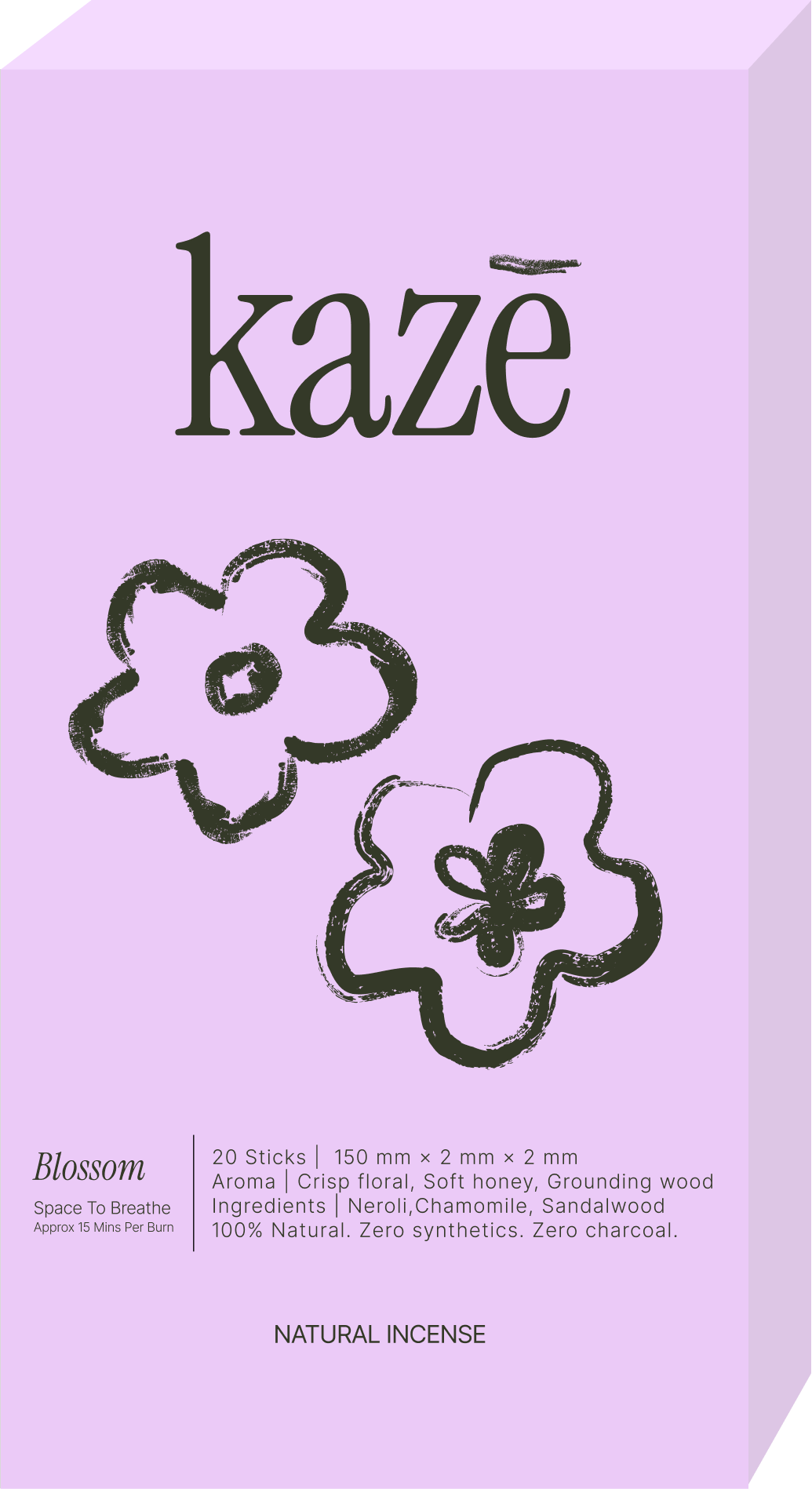 A package of blossom scented incense sticks with a purple background, featuring black floral illustrations and descriptive text about the scent and ingredients.