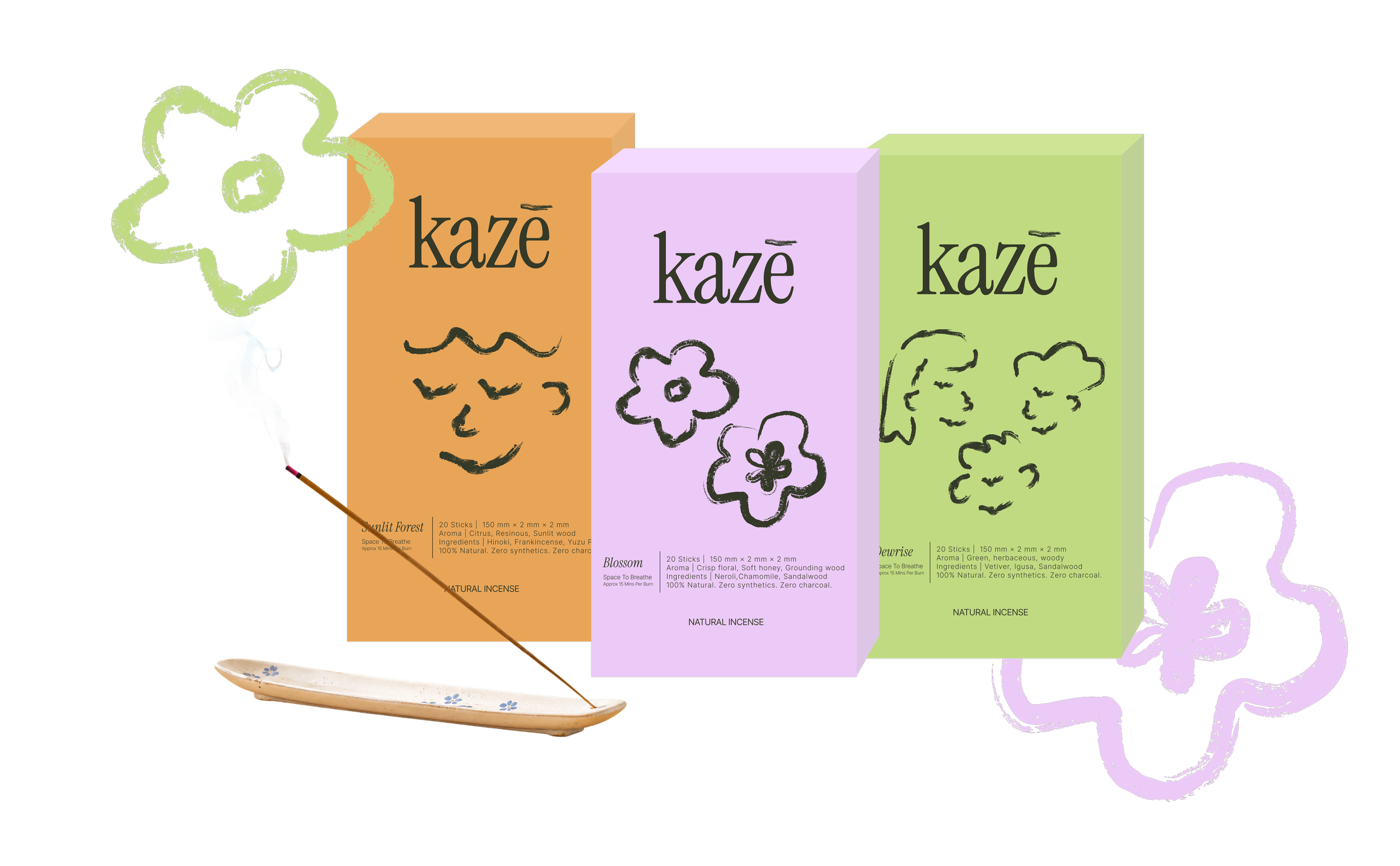 Image of three boxes of incense labeled 'Kaze,' 'Blossom,' and 'Deerwise,' with a ceramic incense holder and a lit incense stick in front.