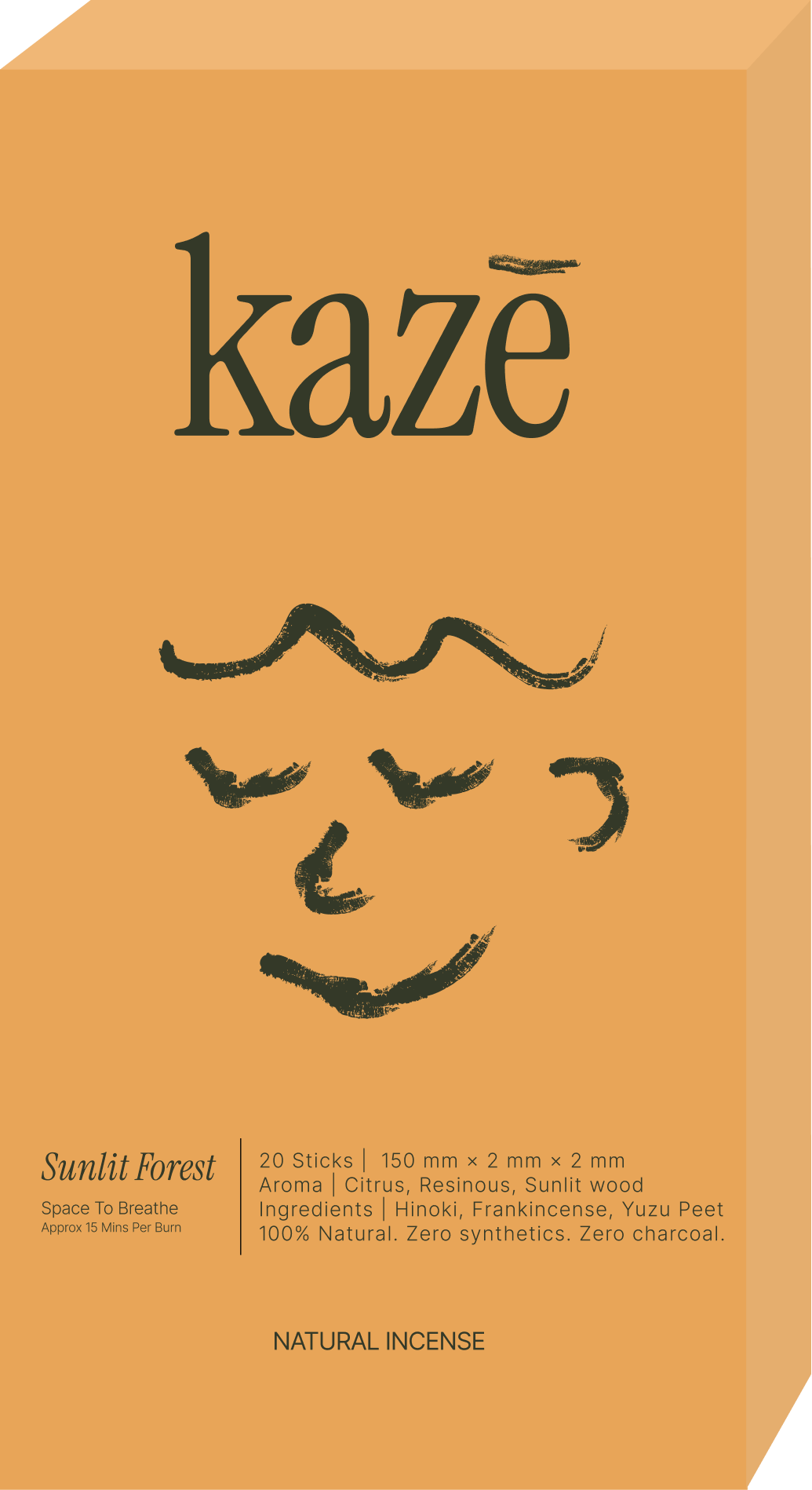 Packaging for natural incense called Kaze, with a minimalist illustration of a face and information about ingredients, scent, and usage.