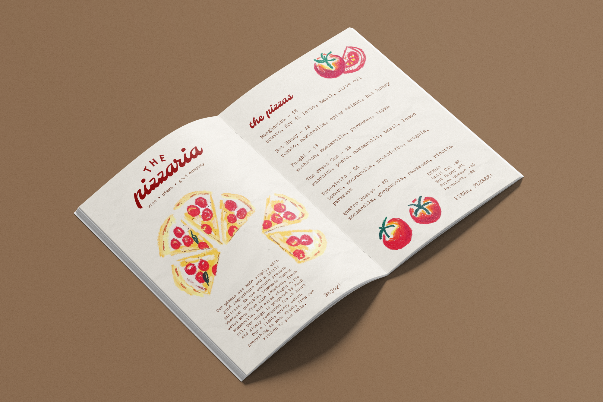 Open menu of a pizza place with hand-drawn illustrations of pizza slices, tomatoes, and a list of pizza options with descriptions.