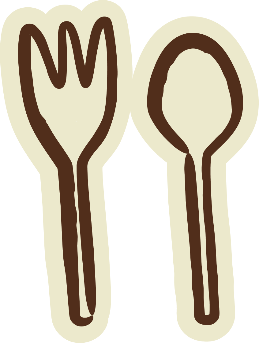 Illustration of a spoon and a fork, both outlined in brown with beige fill.